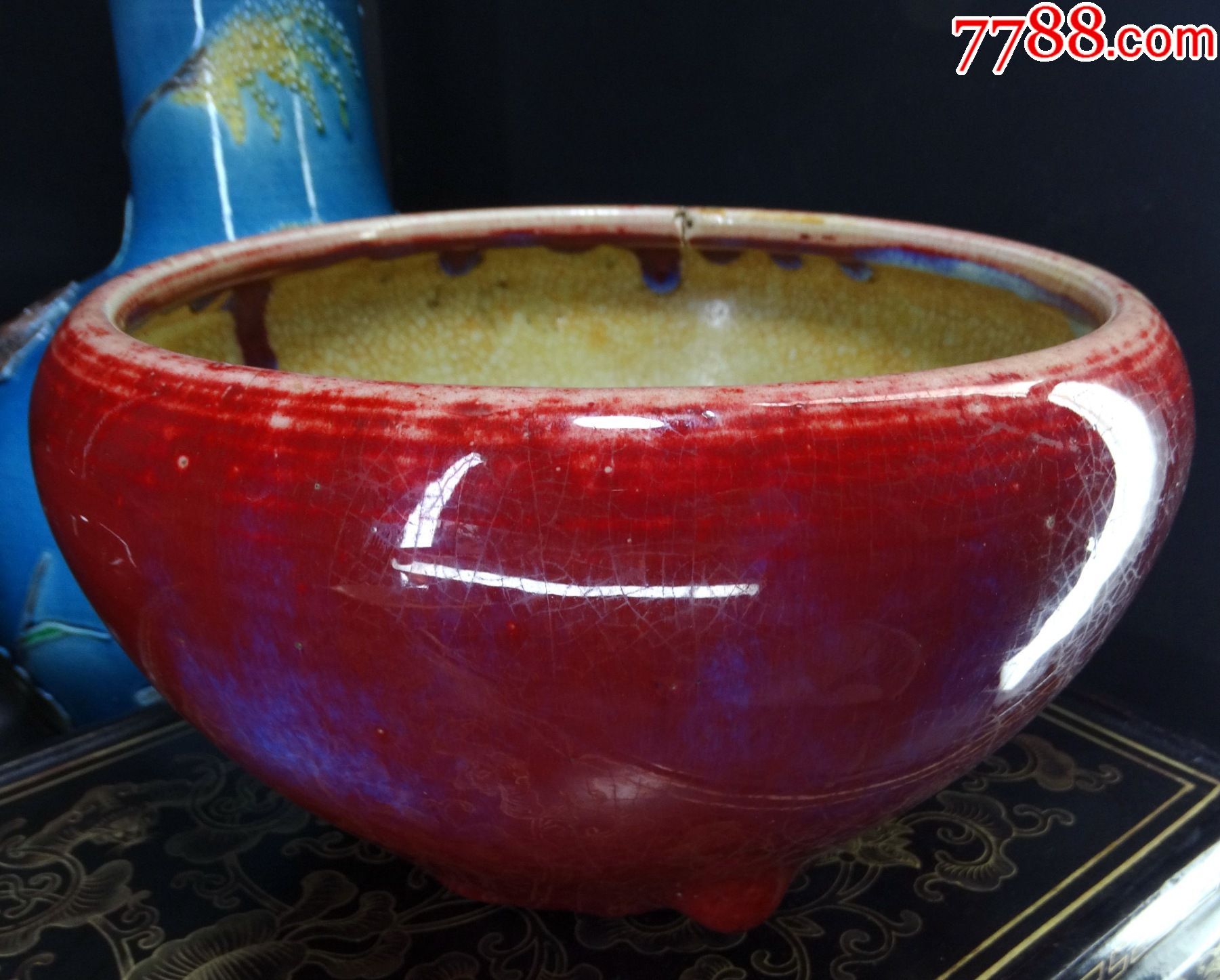 30003古玩古老货真品清代中期郎窑红铜红釉窑变红釉三乳足钵式炉