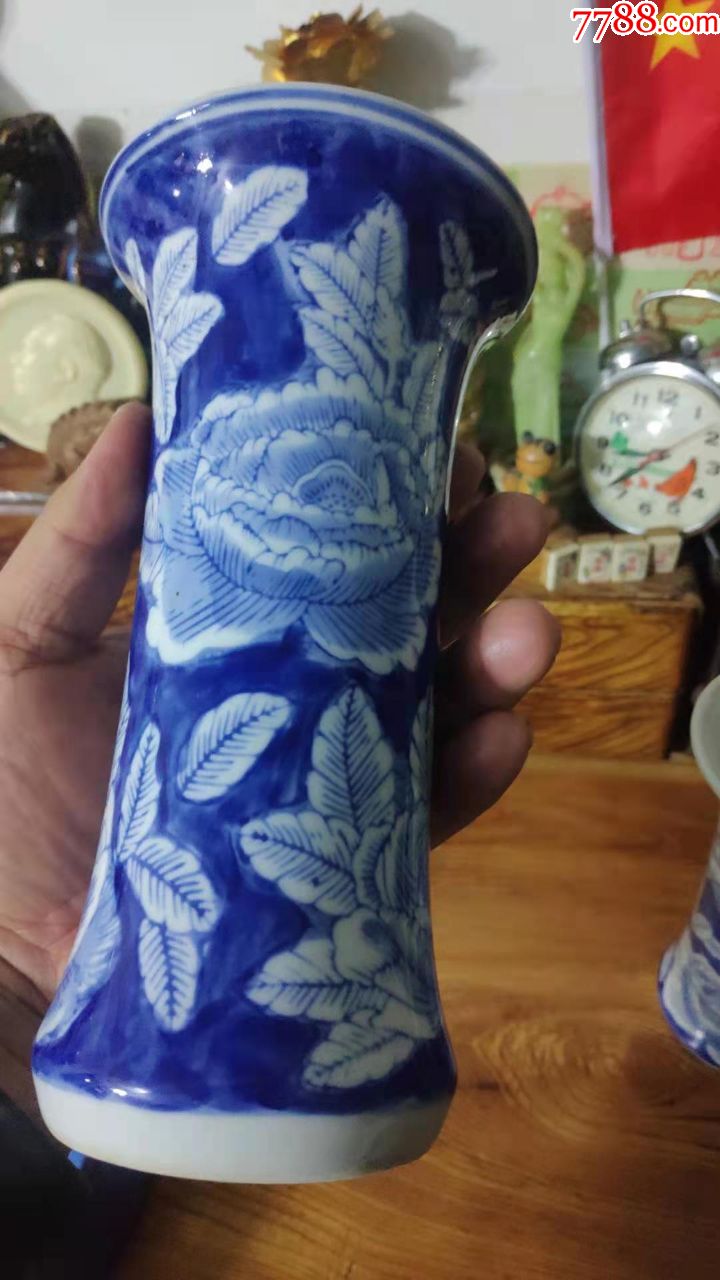 上世纪90年代青花老式花瓶一对民俗怀旧老物品