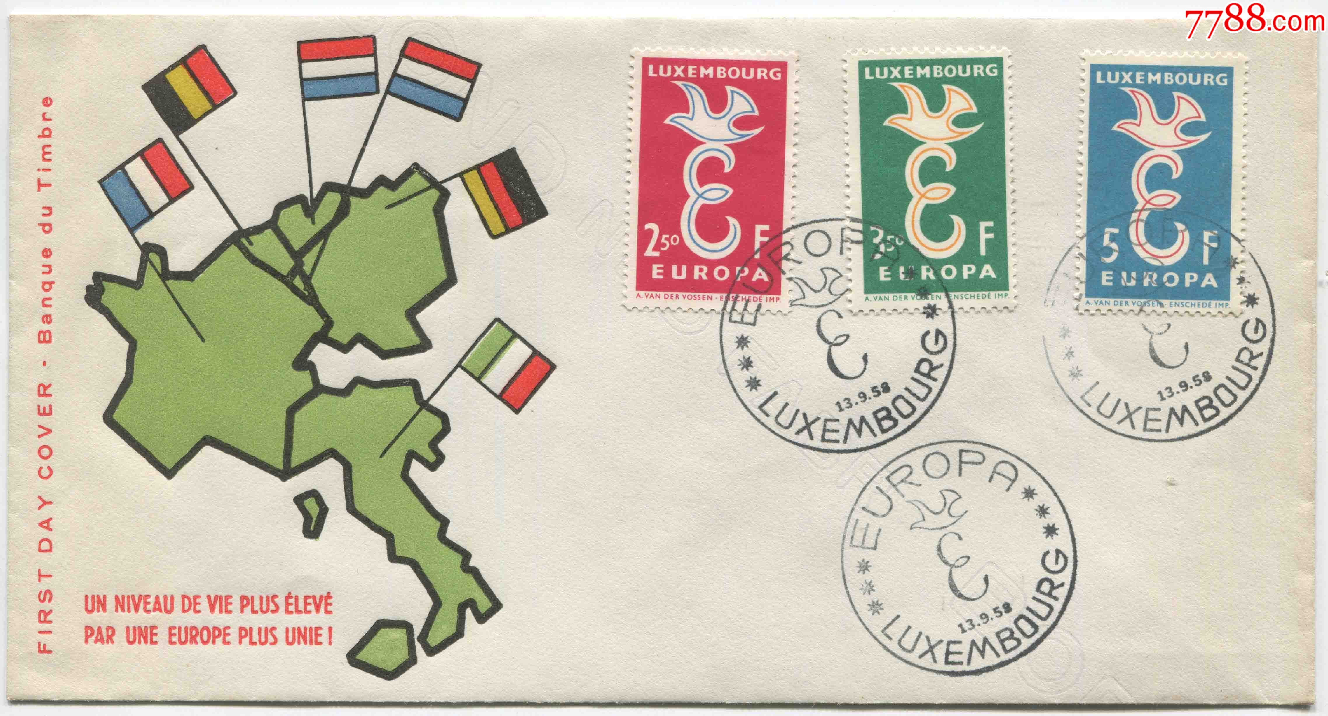 卢森堡邮票1958年欧罗巴和平鸽国旗与地图3全首日封fdc-h-11