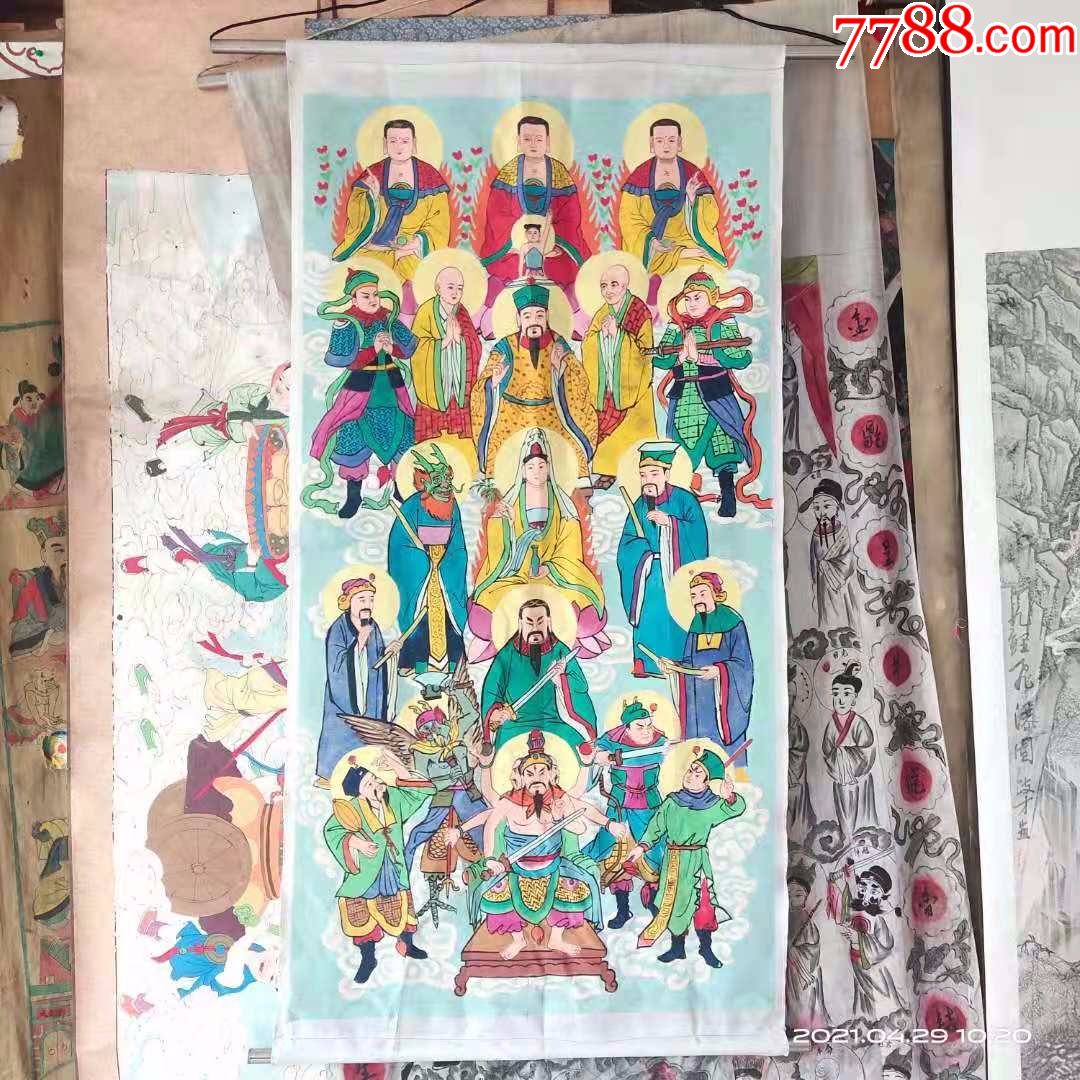 包纯手工绘画老布画人物画国画神像菩萨佛像画有三头六臂等