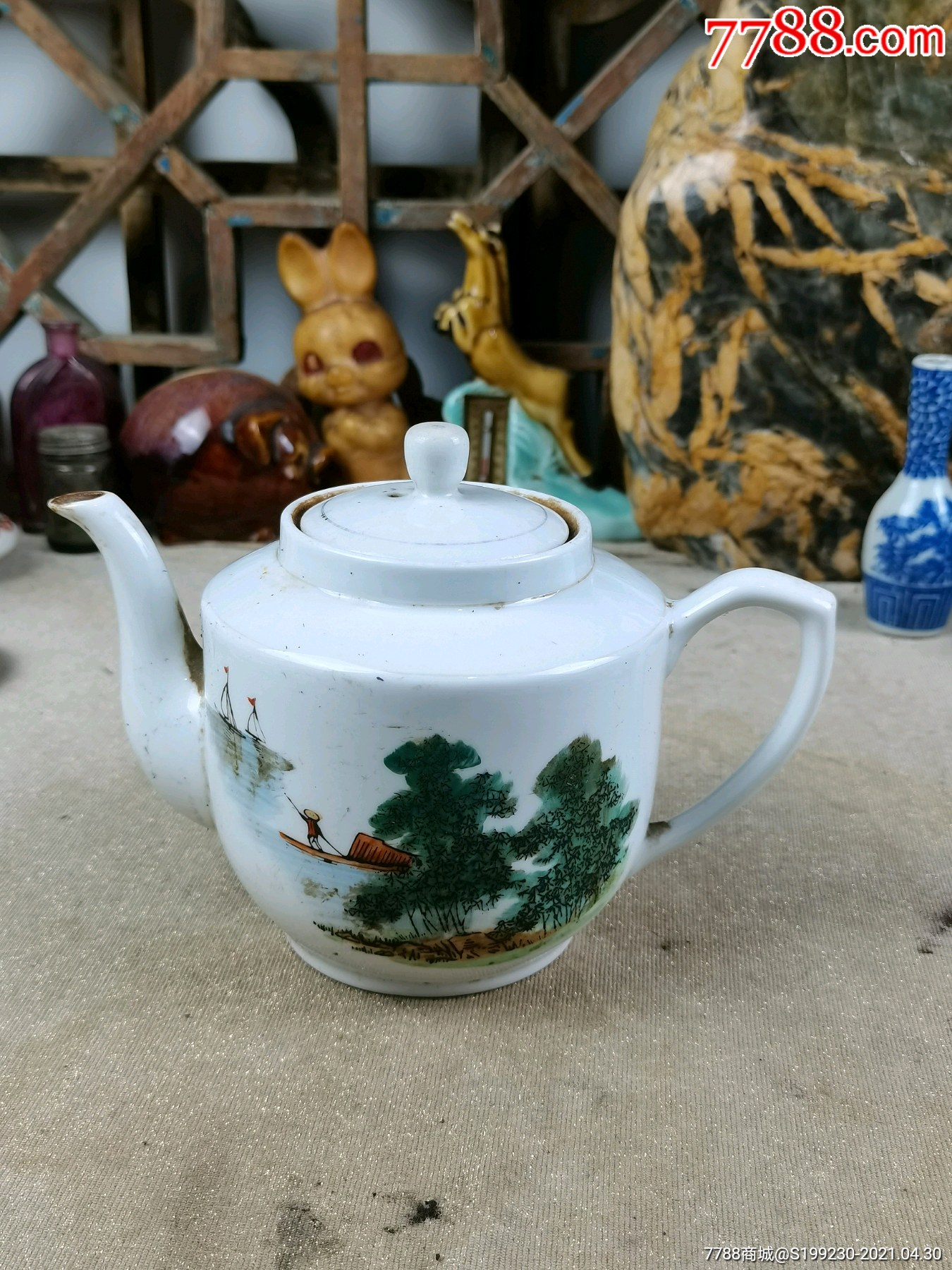 山东博山陶瓷厂老茶壶,淄博瓷厂山水纹饰老茶壶