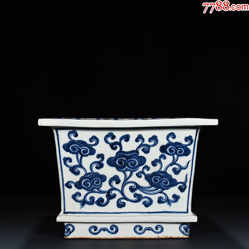青花灵芝纹方盆花盆花钵215325工艺品