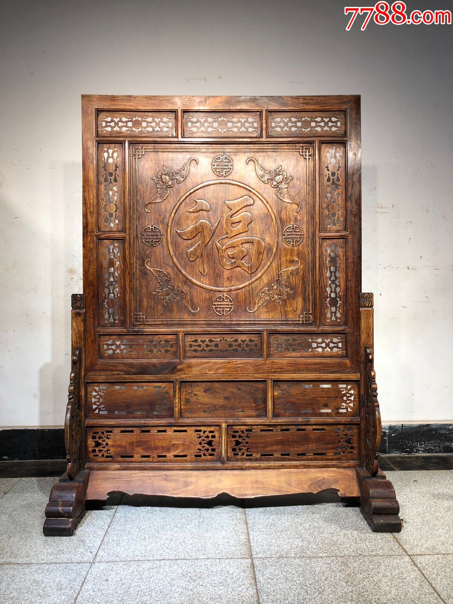 极品重磅来袭精品旧藏黄花梨富贵牡丹双面屏风