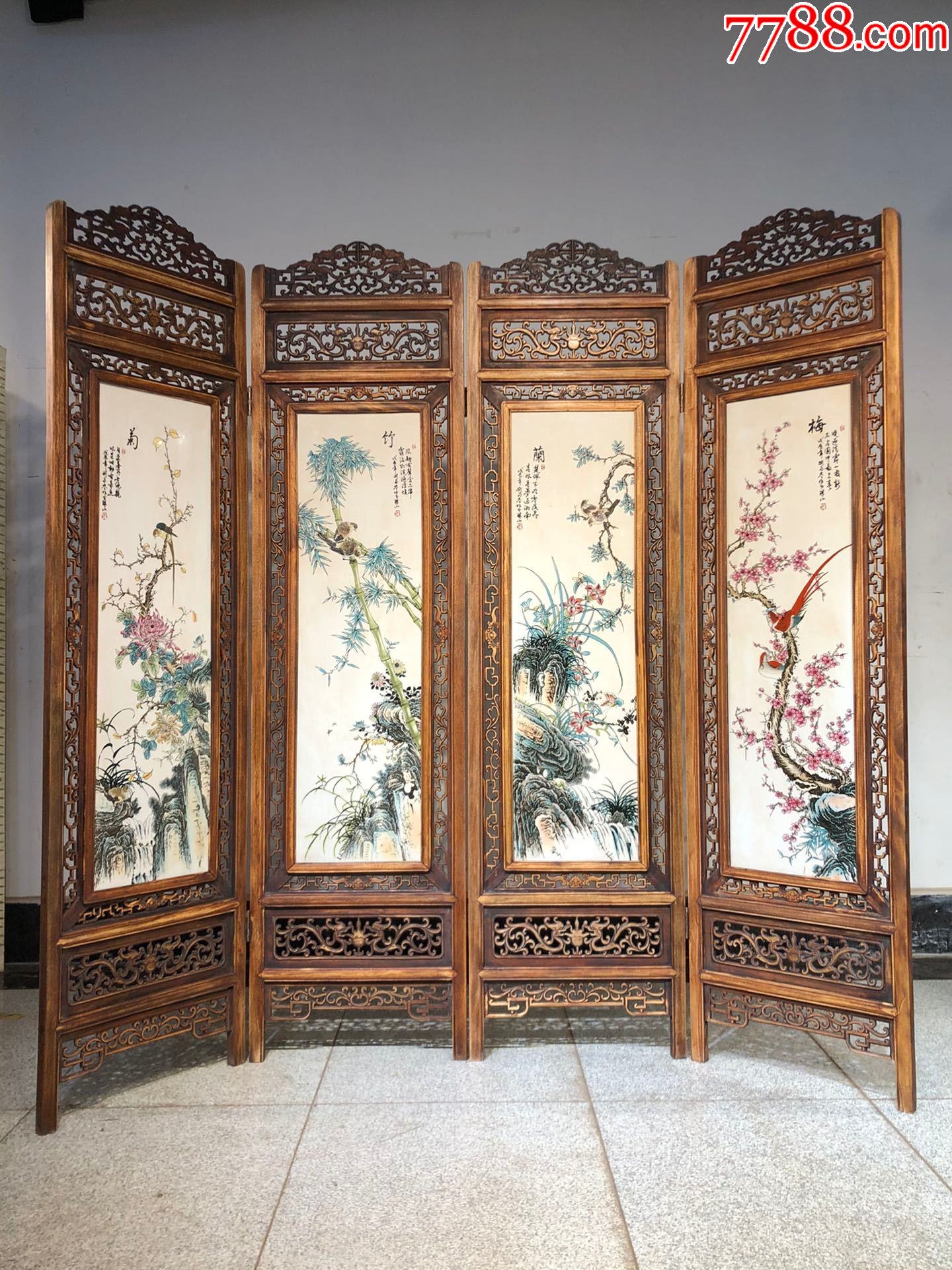 刘雨岺作品精品黄花梨老框镶瓷板纯手绘粉彩厚梅兰竹菊四折落地大屏风
