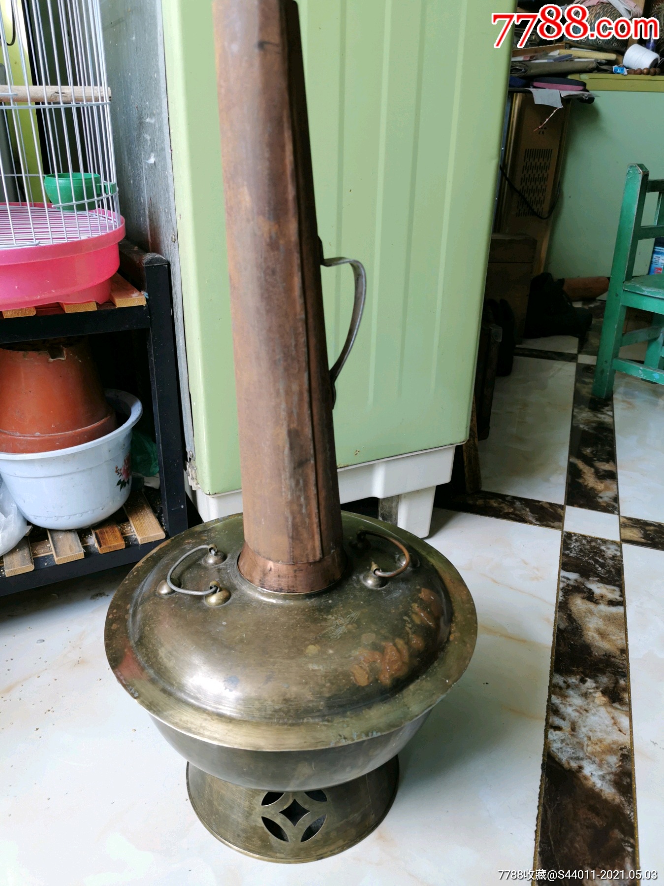 民国带烟筒铜火锅老物件老民俗