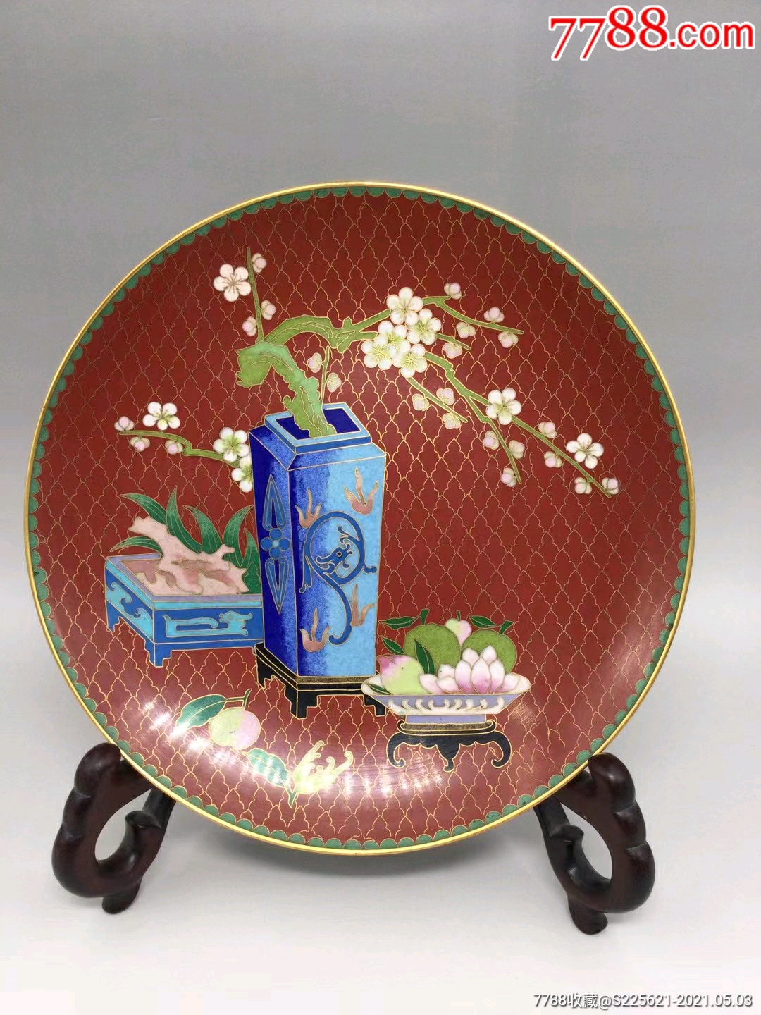 创汇时期红底平生富贵吉祥纹盘-景泰蓝/珐琅-7788商城__七七八八商品