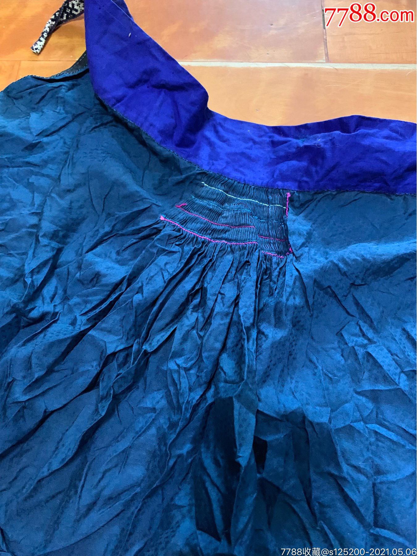 古董古玩收藏杂项近代绸缎蓝色围裙裙子老蓝布服饰布料丝绸