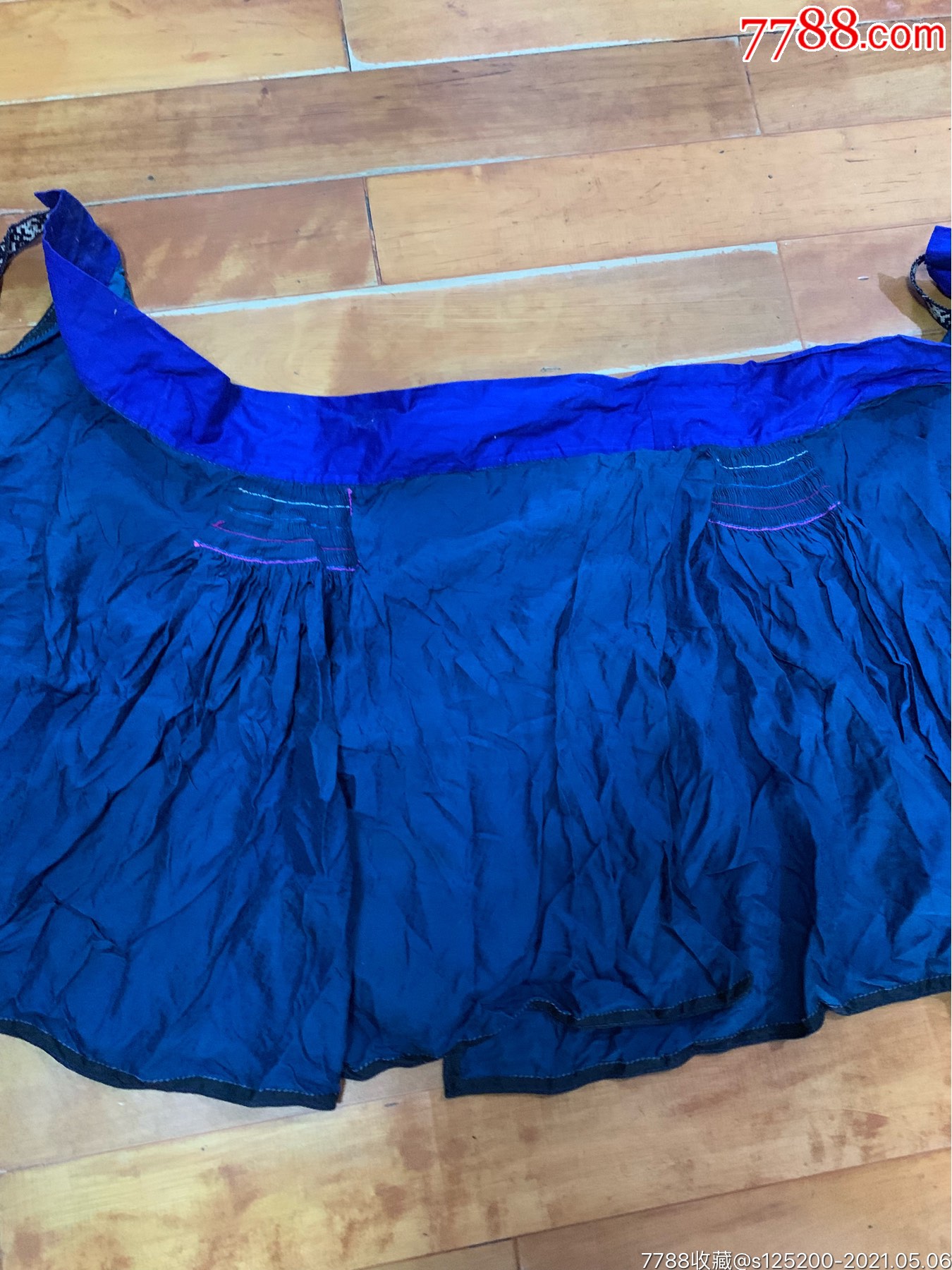 古董古玩收藏杂项近代绸缎蓝色围裙裙子老蓝布服饰布料丝绸