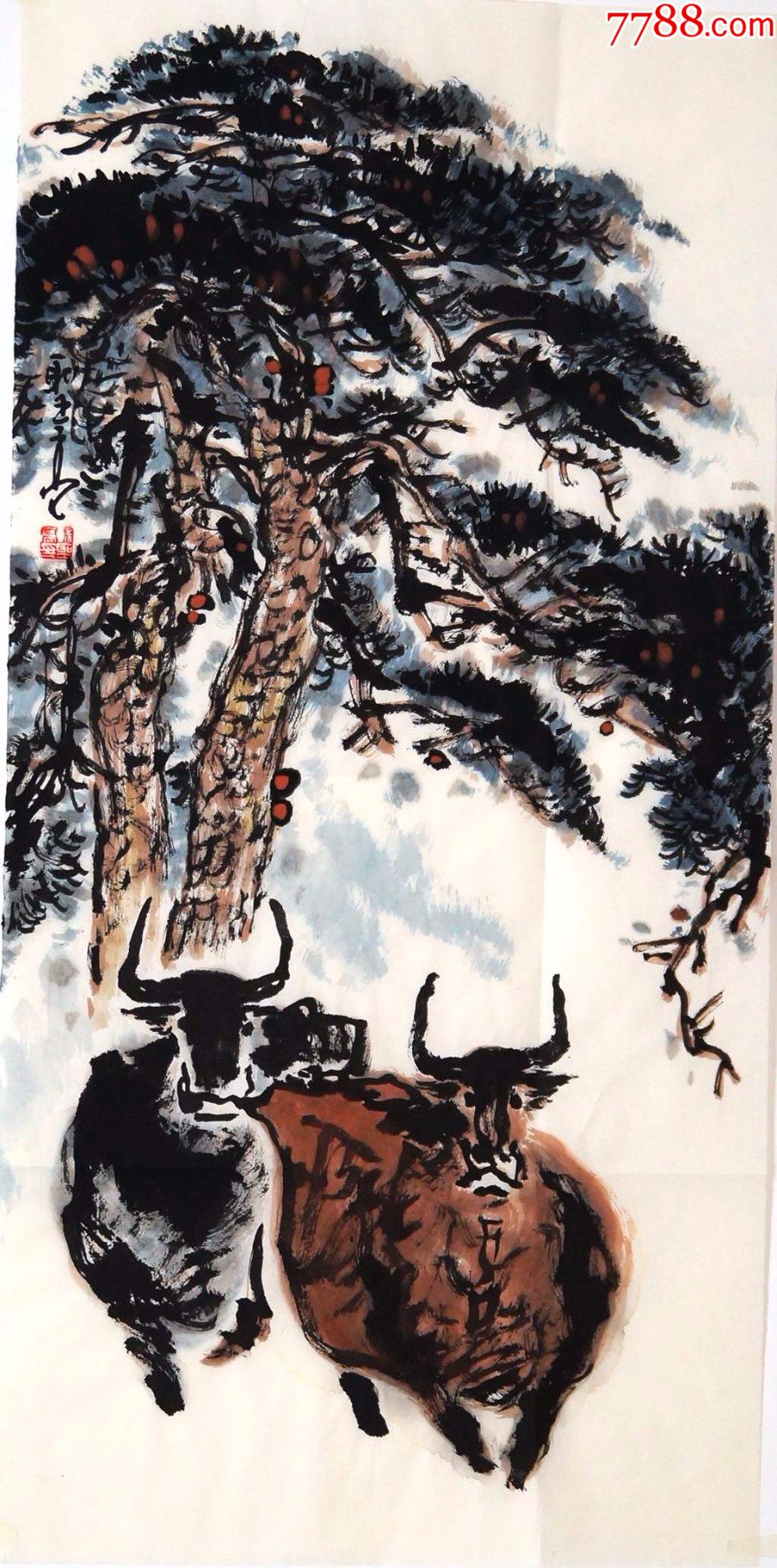 青年画家余圣亮老师作品松树双牛
