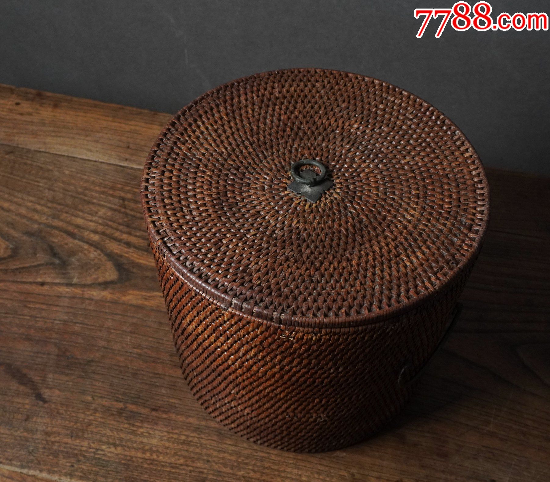晚清民国藤编茶叶盖罐盖盒普洱茶饼收纳透气通风茶道古旧老物件