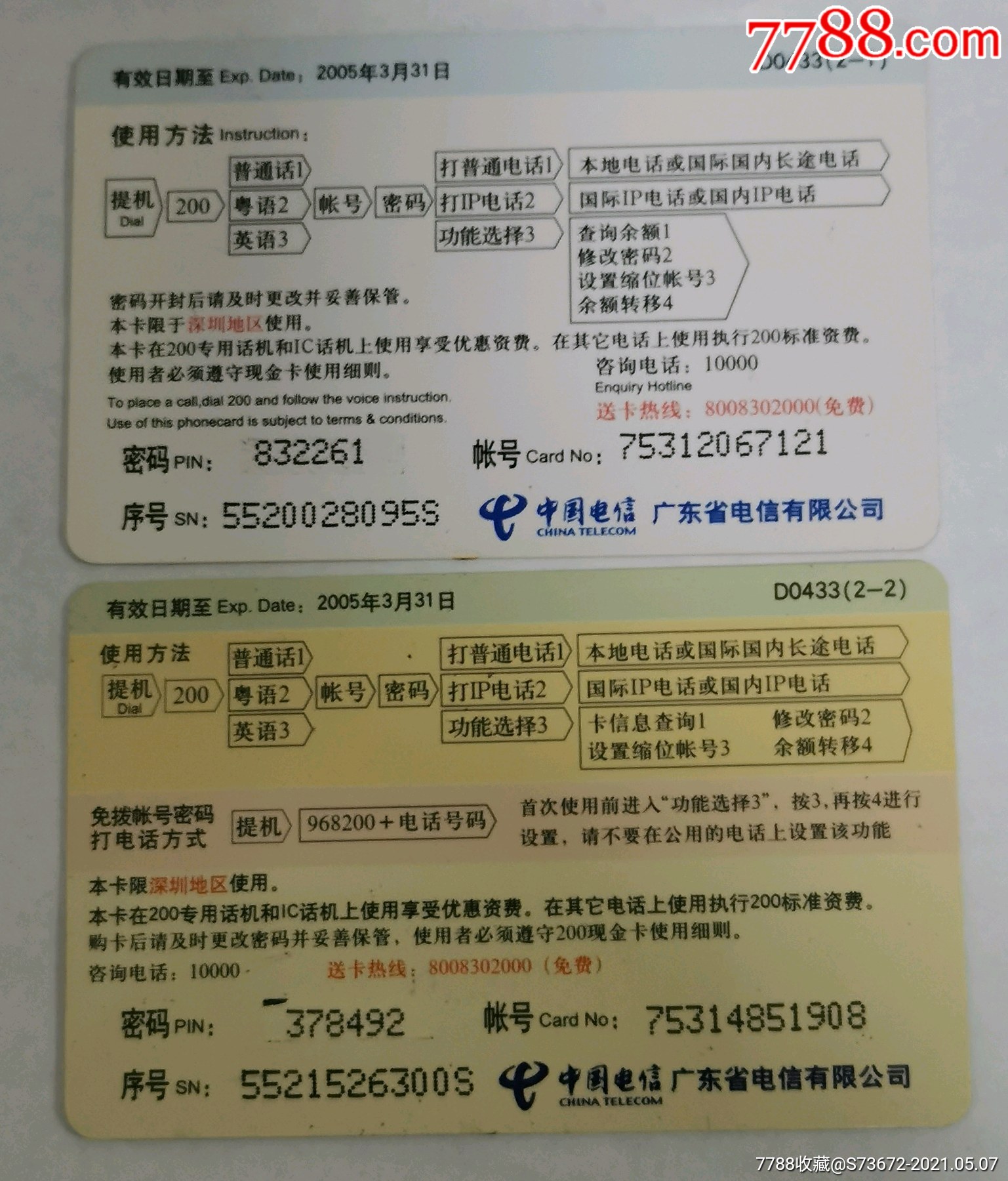 广东电信工笔画大吉200电话卡一套2枚全