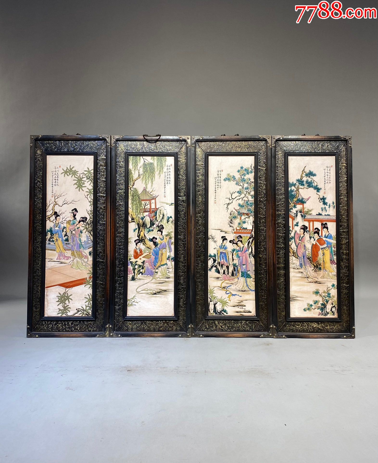 精品小叶紫檀雕刻老框镶瓷板画粉彩十二金钗四条挂屏