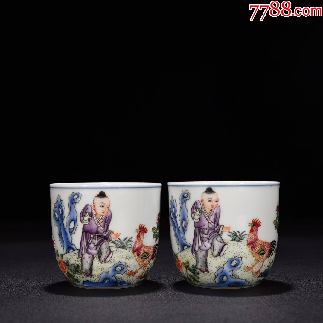 粉彩贾昌斗鸡人物诗句鸡缸杯7.5*8.2厘米(工艺品)