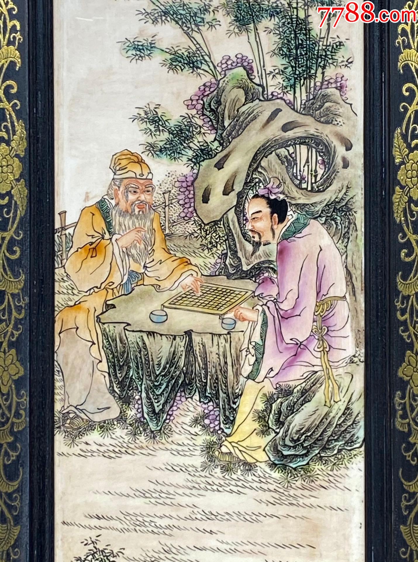 王大凡紅木雕刻老框鑲瓷板畫粉彩,木框描金,【琴棋書畫】人物四條掛屏