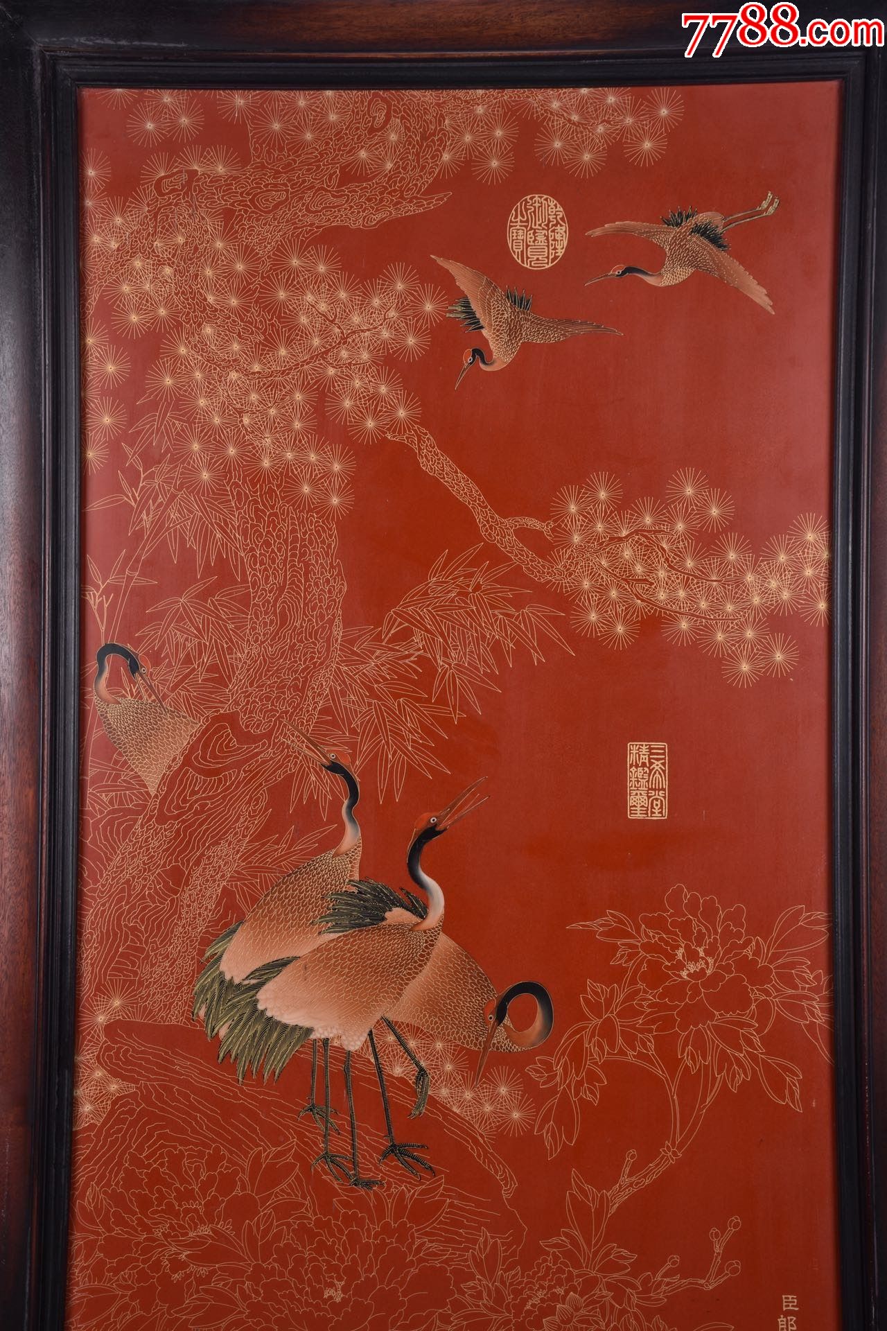 精品郎士宁作品小叶紫檀老框镶瓷板画,掐丝珐琅加彩手绘【六鹤同春】