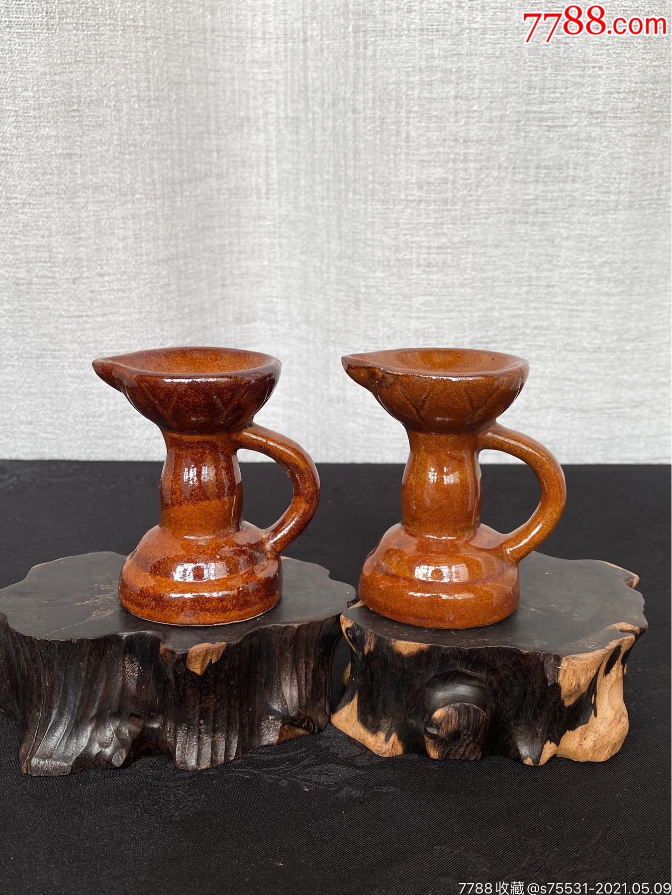 民国淄博窑酱釉民俗老物件小油灯两个