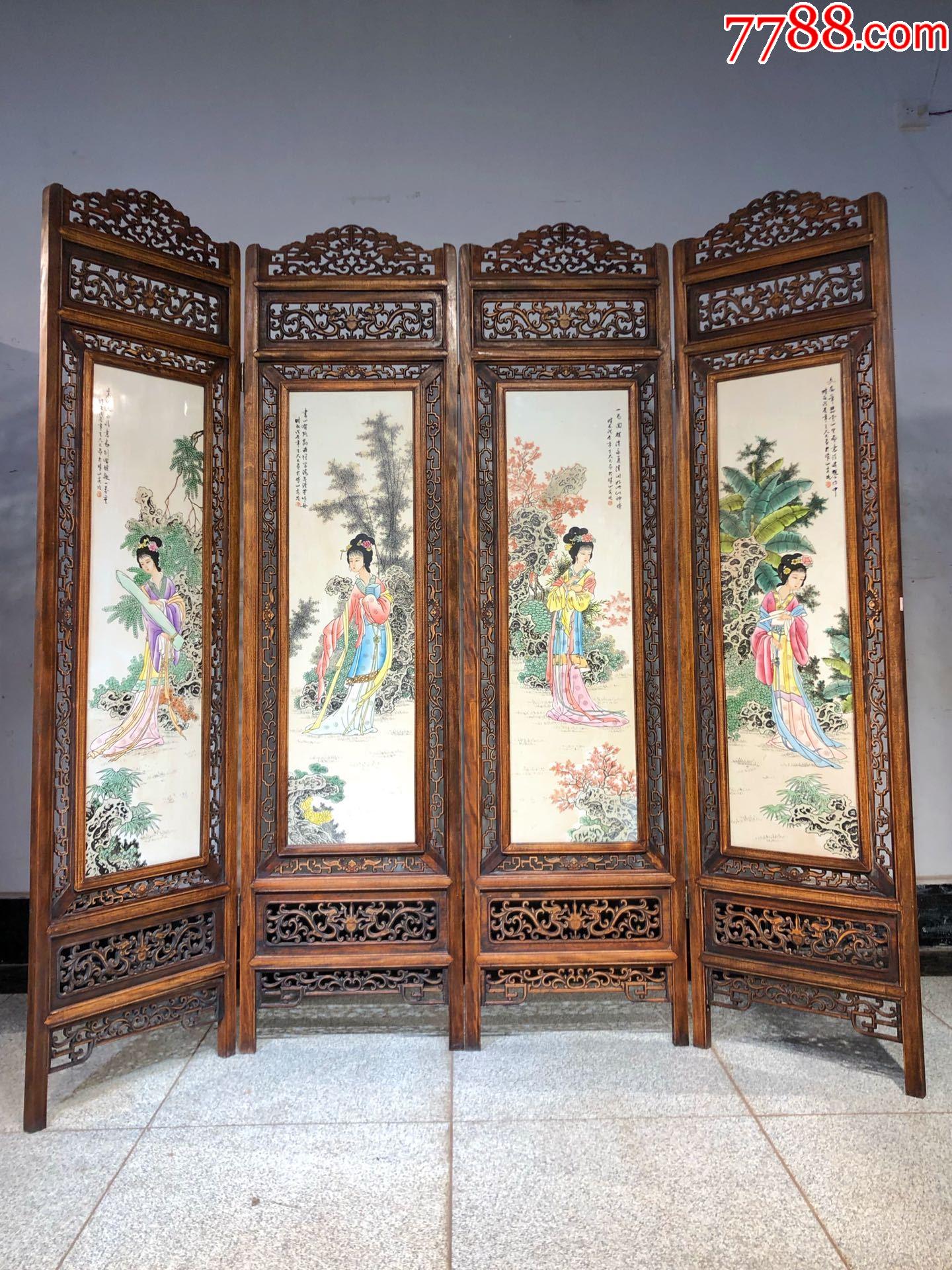 王大凡作品精品黄花梨老框镶瓷板画手绘粉彩厚玻璃白