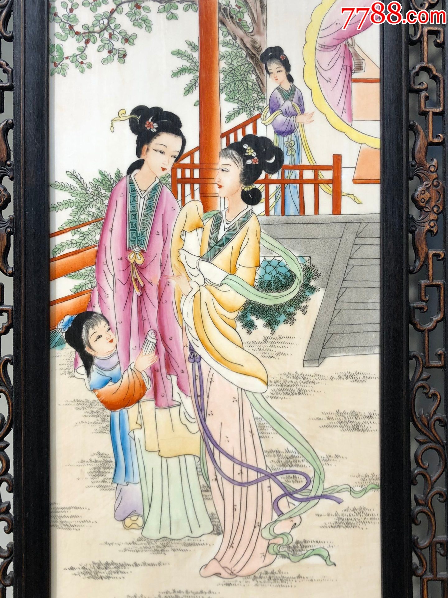 王大凡作品精品小叶紫檀老框镶瓷板画纯手绘粉彩【十二金钗】四折落地