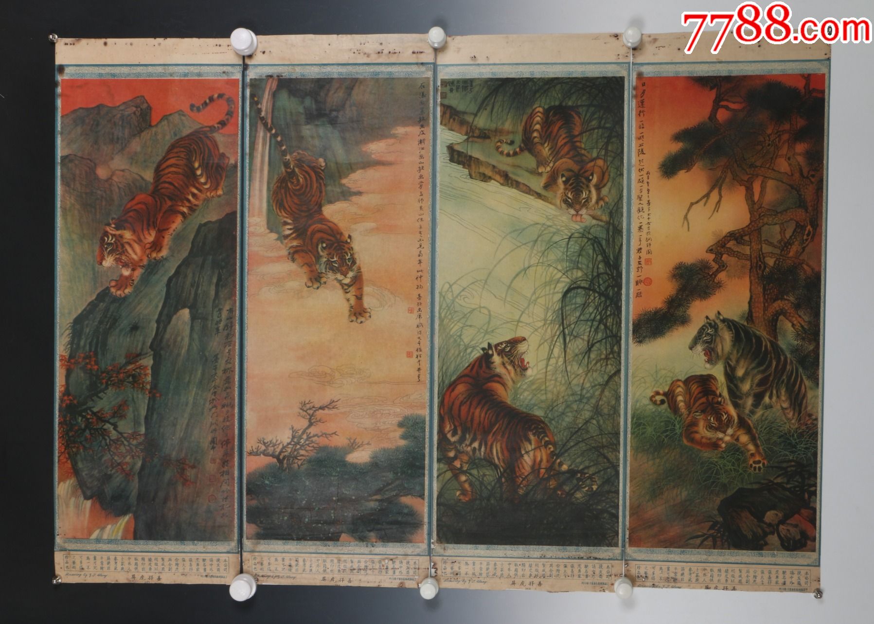 4885民国年画《张善子虎屏》长春画片发行四屏条稀少见