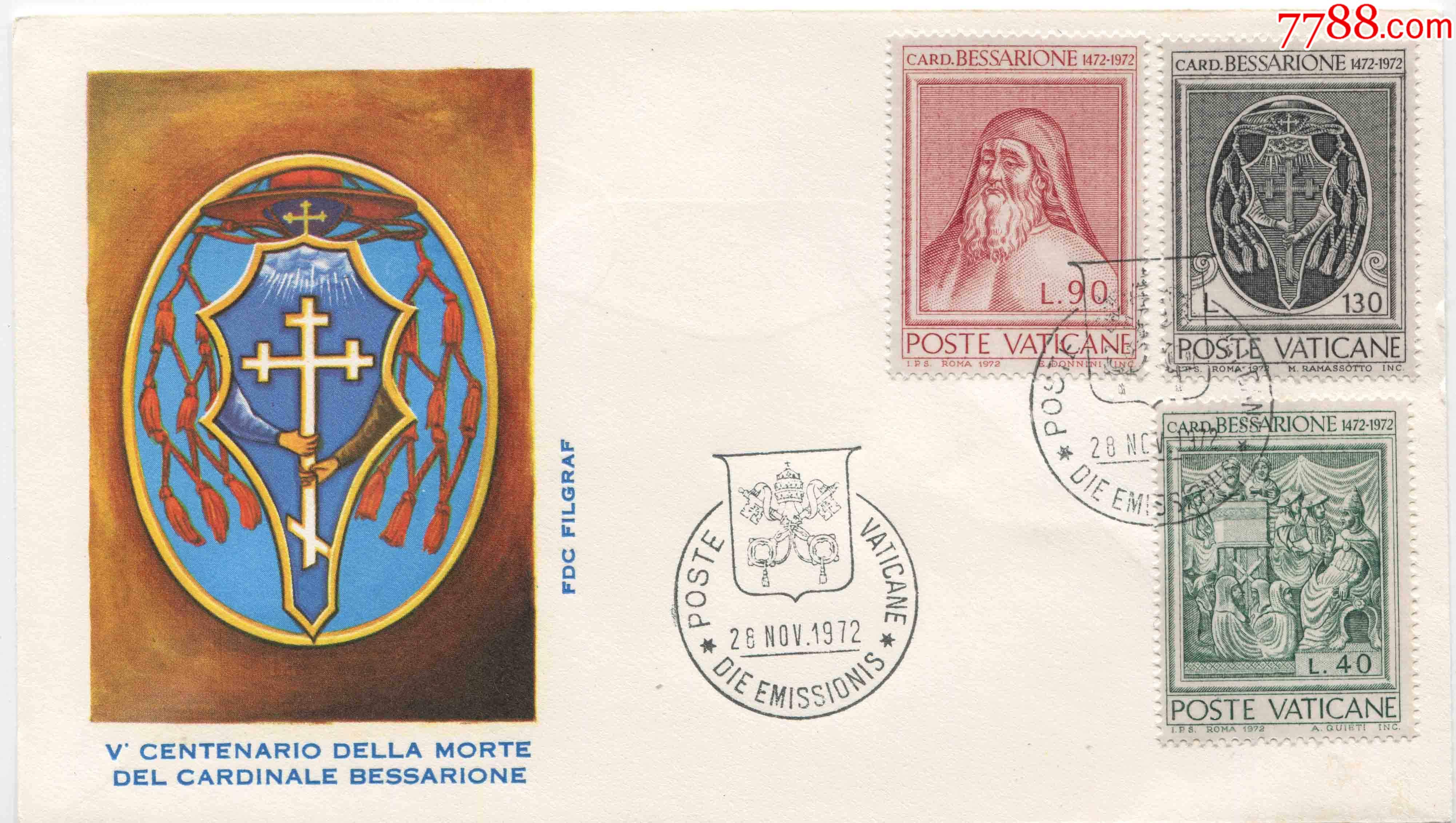 梵蒂冈邮票1972年红衣大主教比沙里奥逝世500周年3全首日封fdci