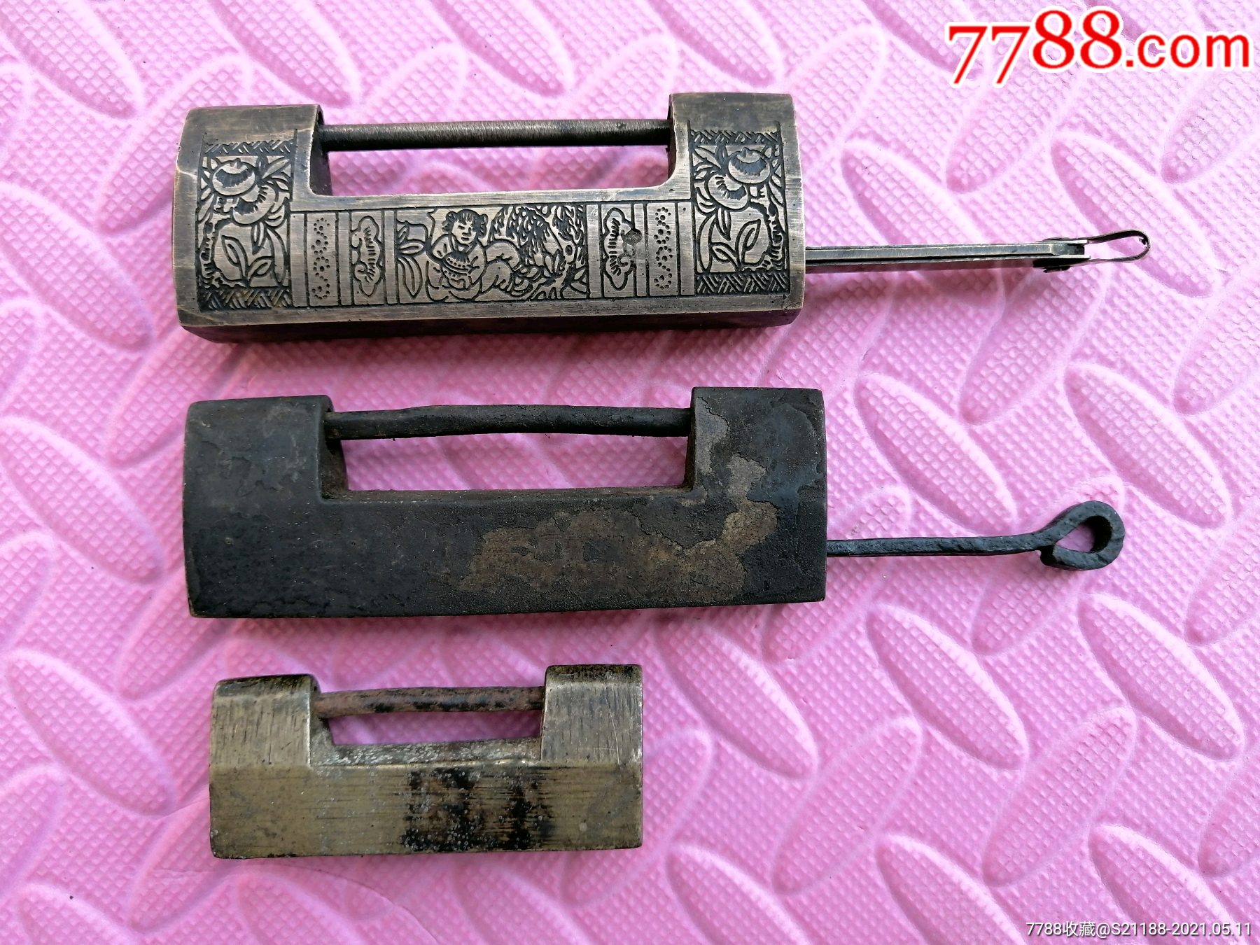 老铜锁,一把带工古代老铜锁,古老铜锁三把,两把正常使用,一把缺钥匙。-价格:1288元-se80106074-铜锁/铜钥匙-零售-7788收藏 ...