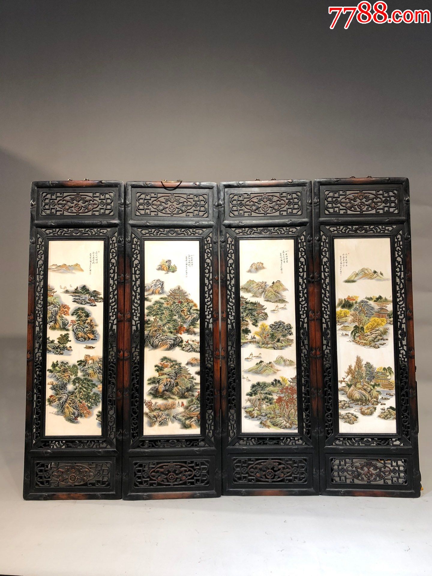 小叶紫檀雕刻老框镶瓷板画粉【山水】山水四条挂屏