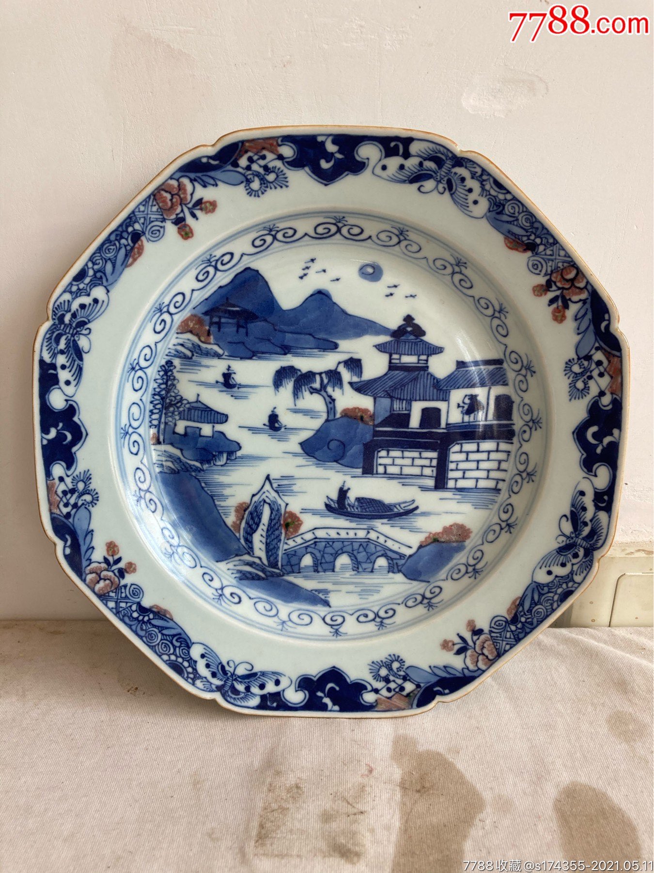 清代乾隆回流青花加紫花口盘