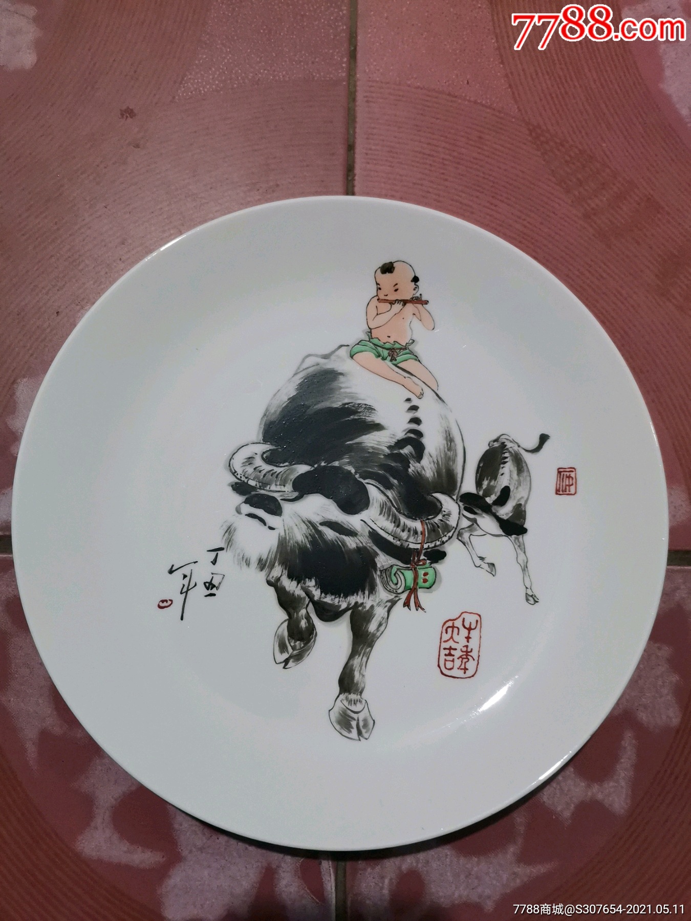 九十年代唐山名家手绘童子骑牛瓷盘观赏盘