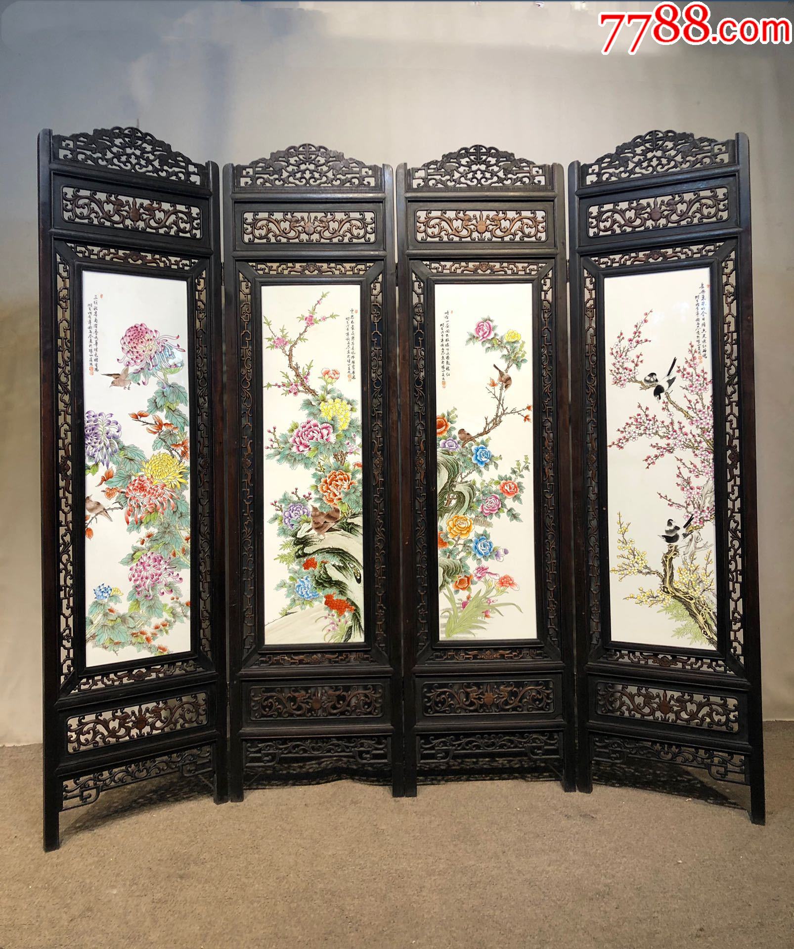 精品小叶紫檀老框镶瓷板画纯手绘粉彩花开富贵四折落地大屏风