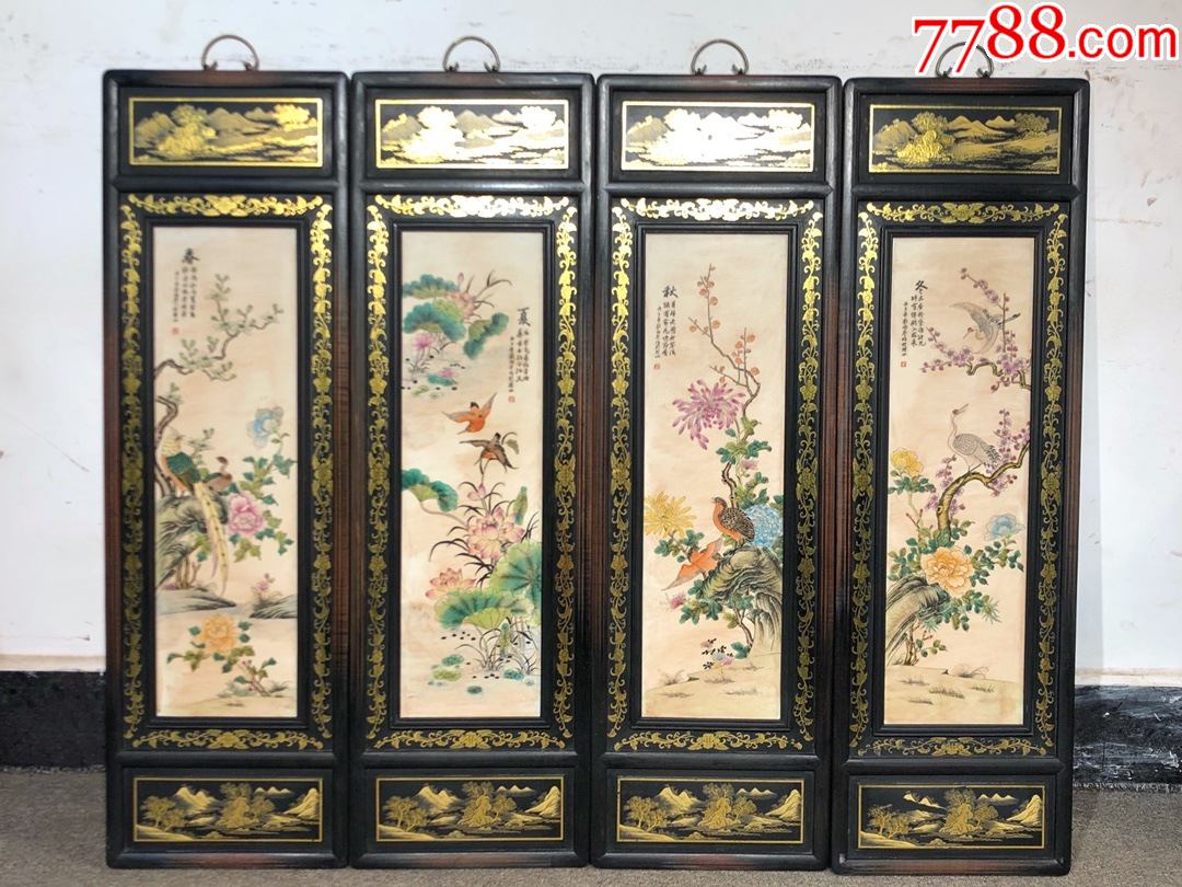 红木雕刻老框镶瓷板手绘画粉彩木框描金春夏秋冬花鸟四条挂屏