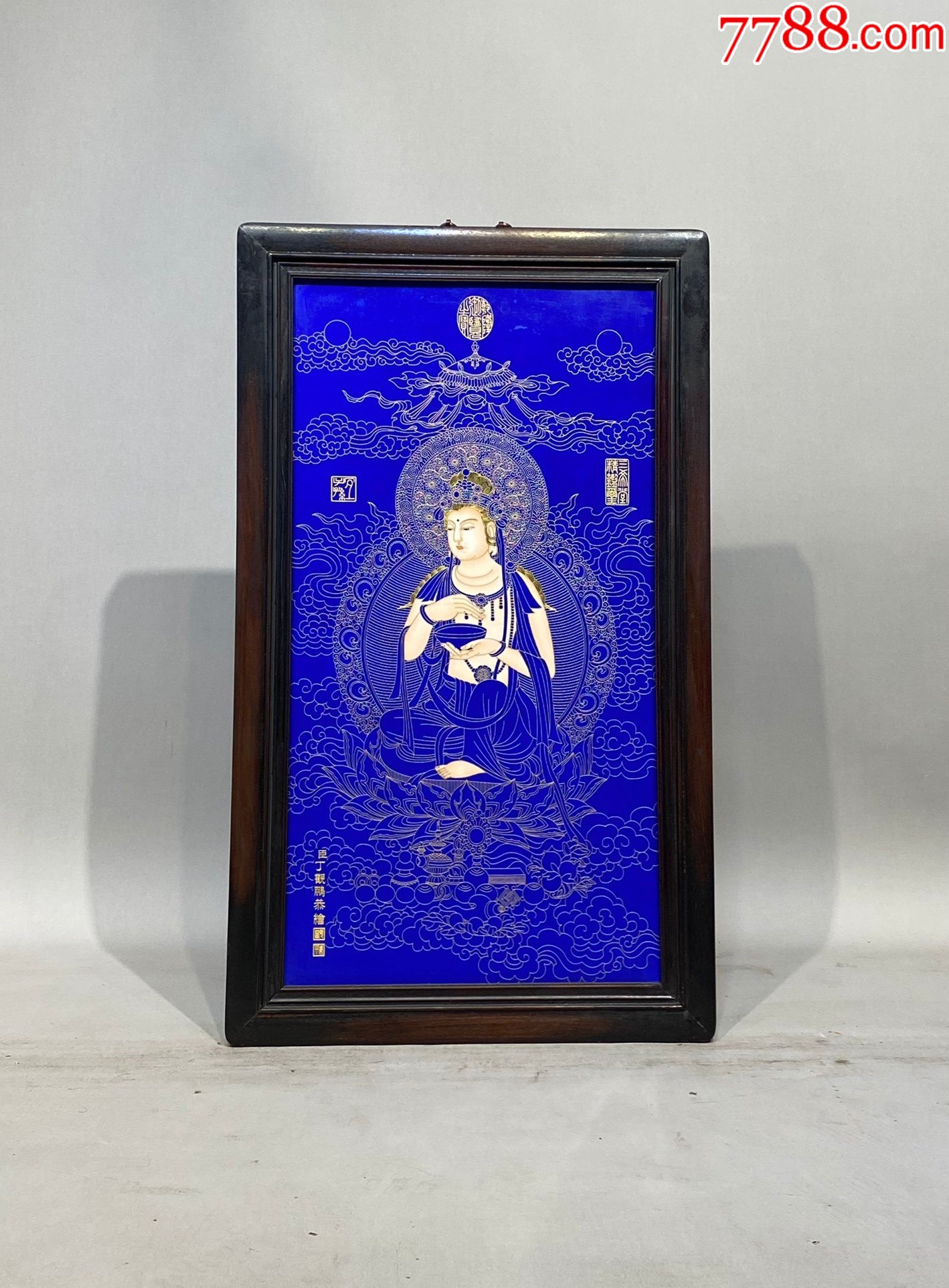 精品丁观鹏小叶紫檀老框镶瓷板画观音唐卡挂屏