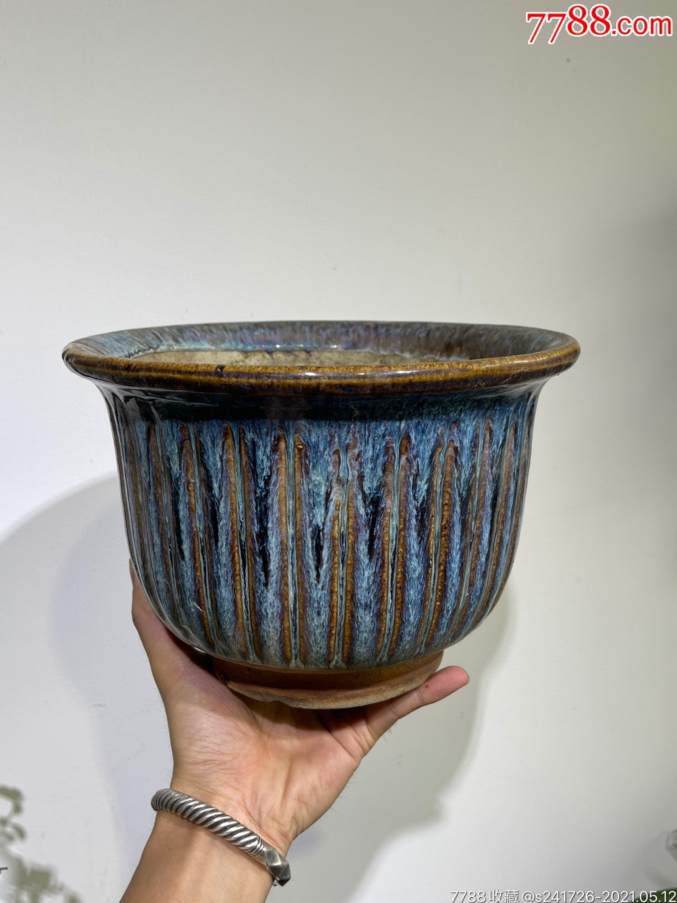fq2397文革时期石湾窑瓜棱变釉旧花盆