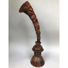 牛角雕刻连年有余莲花鱼带牛角底座牛角尖摆件