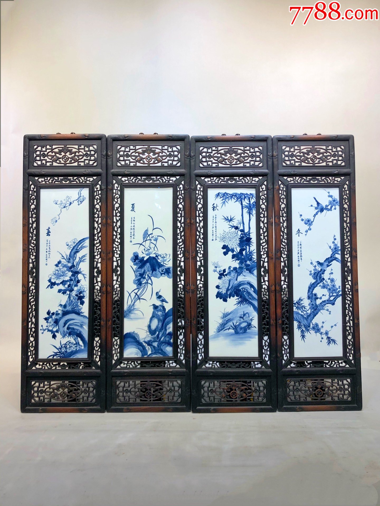 小叶紫檀雕刻精品老框镶瓷板画手绘青花春夏秋冬画鸟四条挂屏