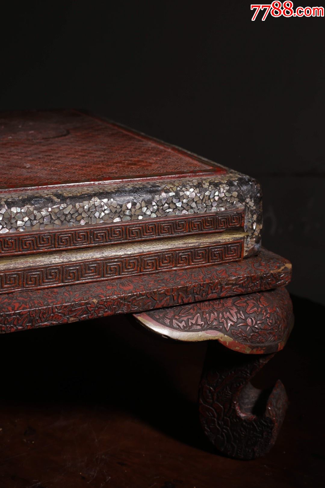 海外回流木胎朱漆嵌螺钿喜上眉梢文房案几-漆案/漆桌-7788旧家具收藏