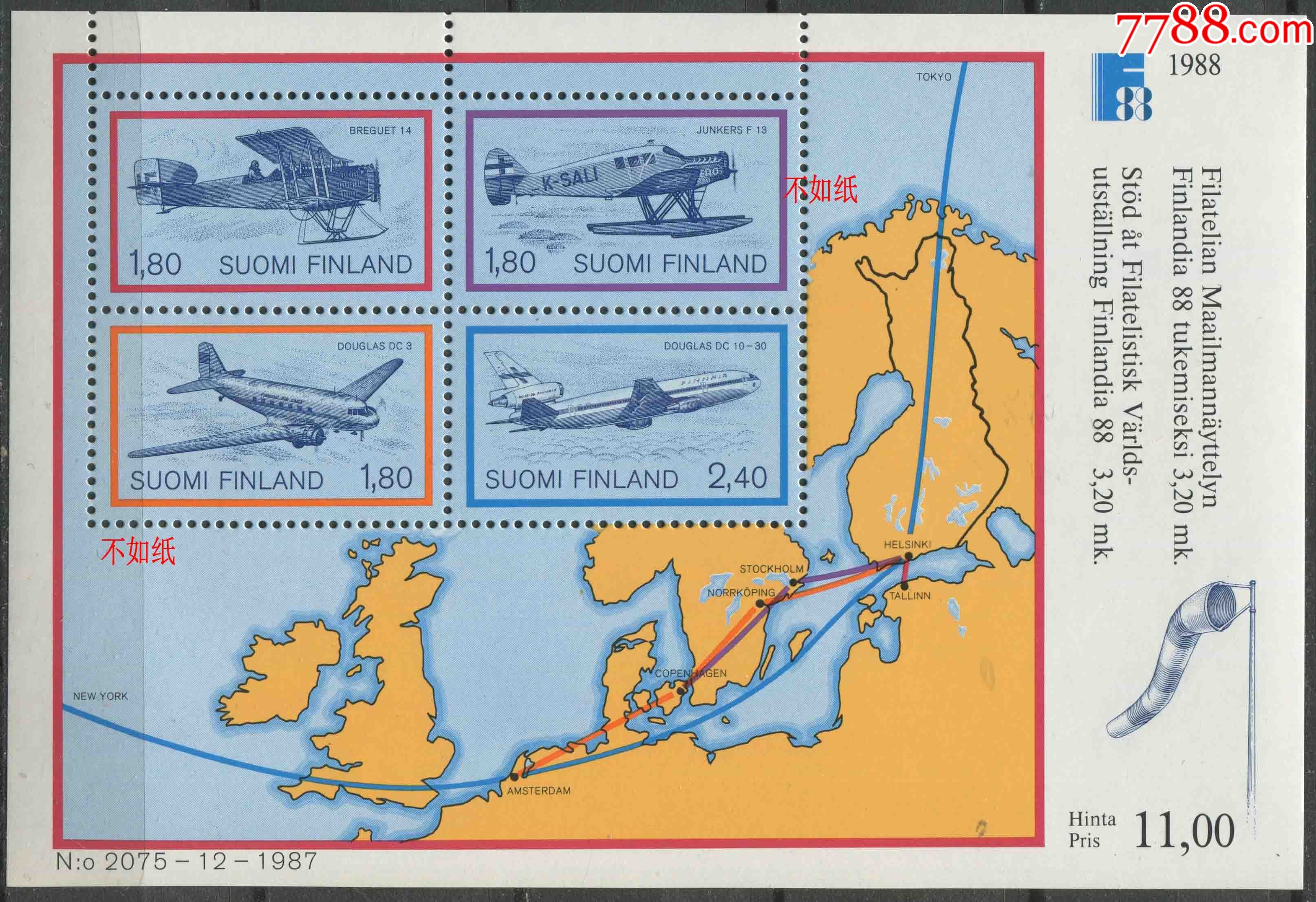 芬兰邮票1988年国际邮展双翼飞机雕刻版小全张ym04