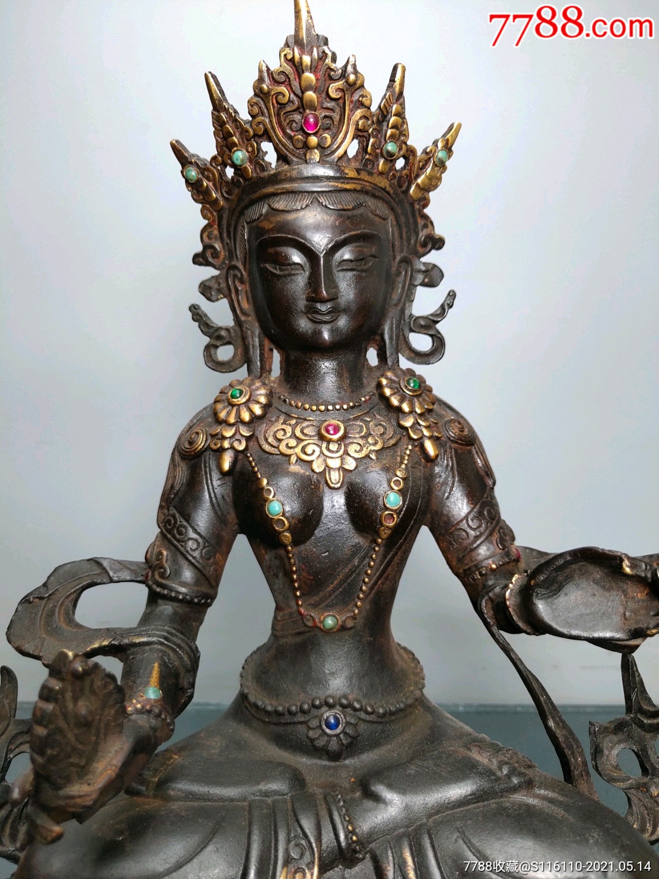 黄铜厚胎镶嵌宝石佛像度母藏佛一尊恭请供奉佛像摆件
