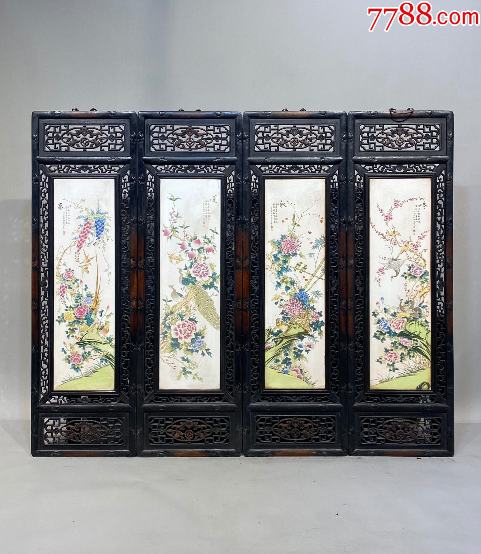 小叶紫檀雕刻精品老框镶瓷板粉彩春夏秋冬花鸟四条挂屏