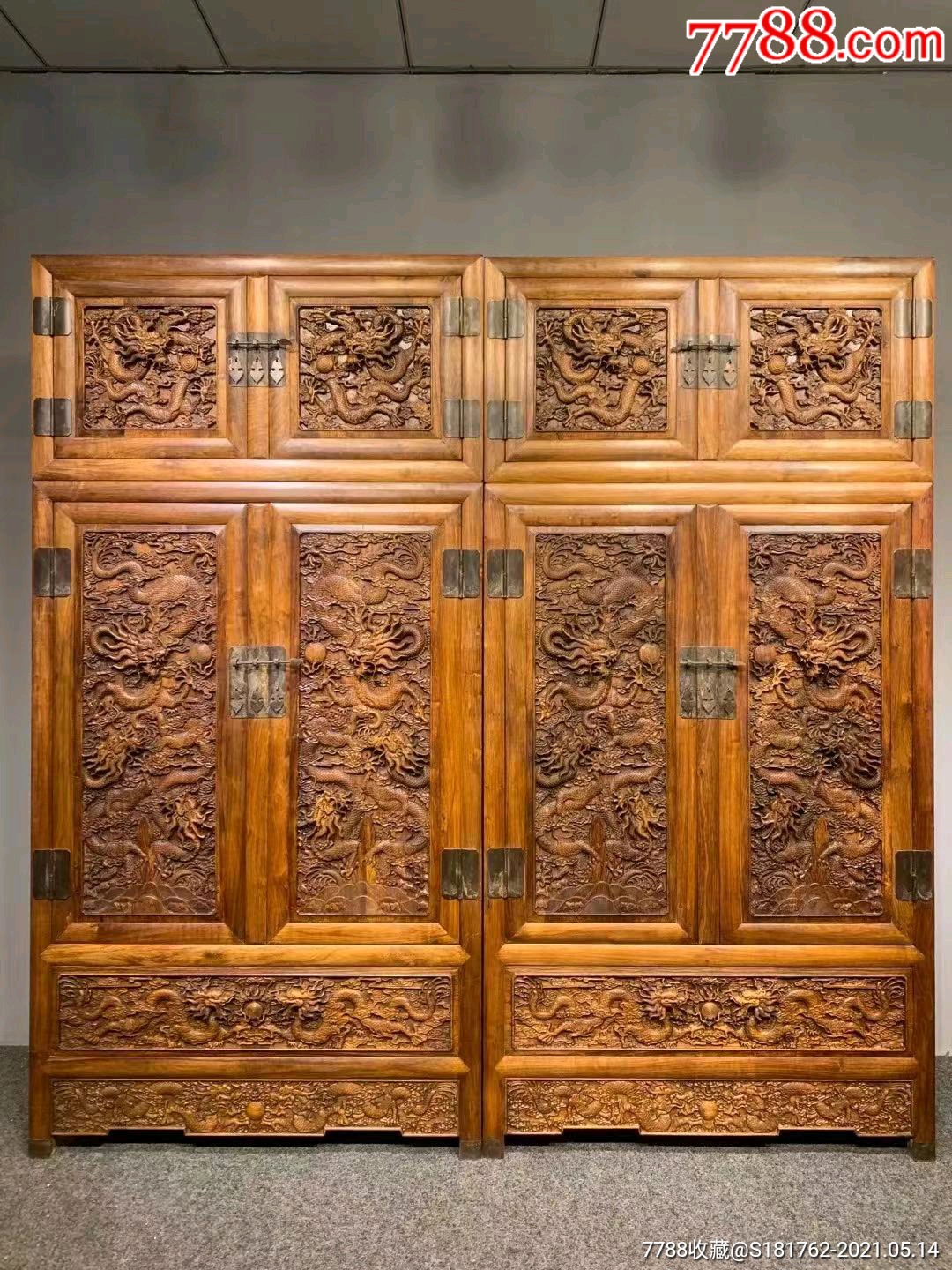 黄花梨深雕龙霸气顶箱柜_价格68300元【民俗古玩老家具】_第1张_7788