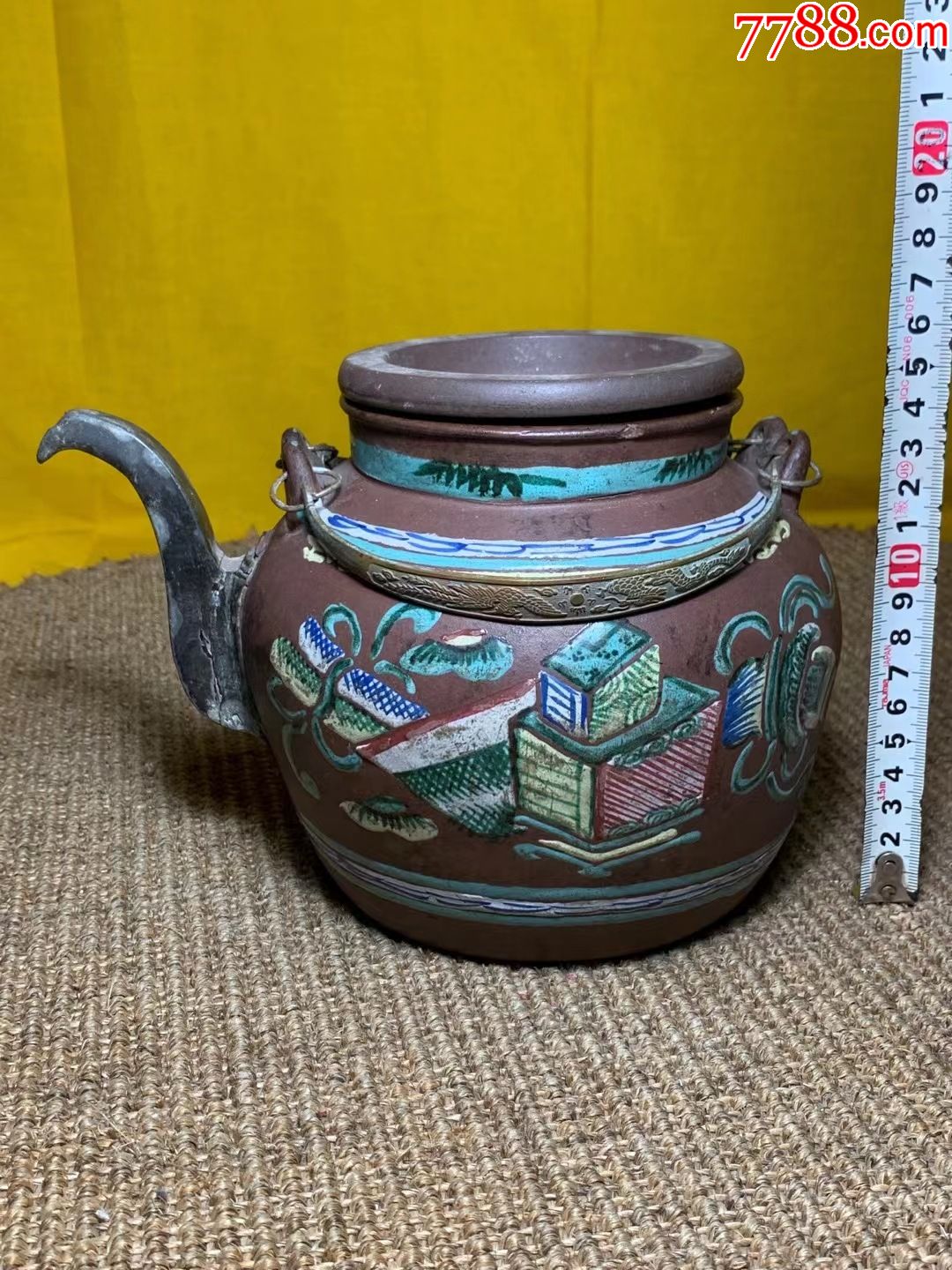 晚清加彩提梁紫砂茶壶