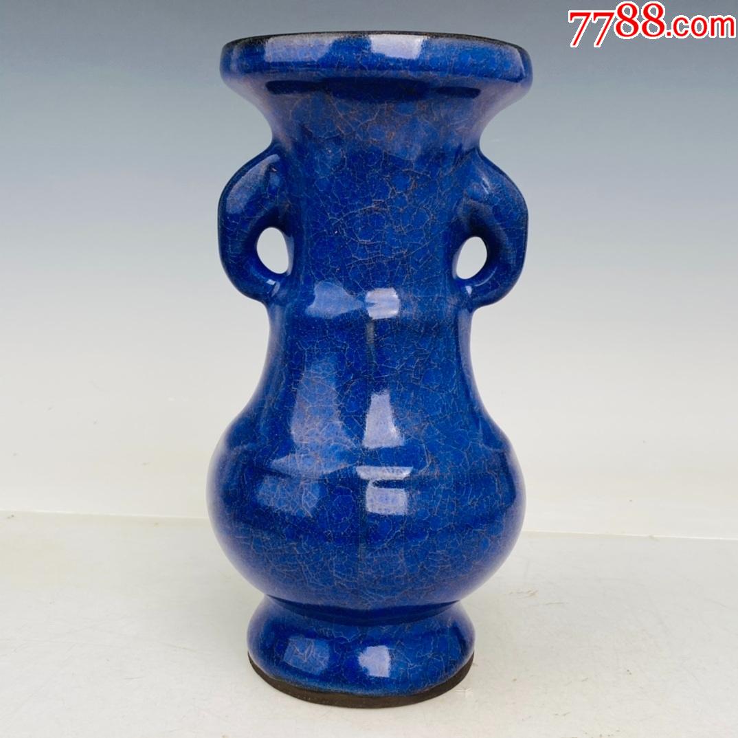 回流官瓷冰片宝石蓝花瓶高23厘米直径12厘米工艺品