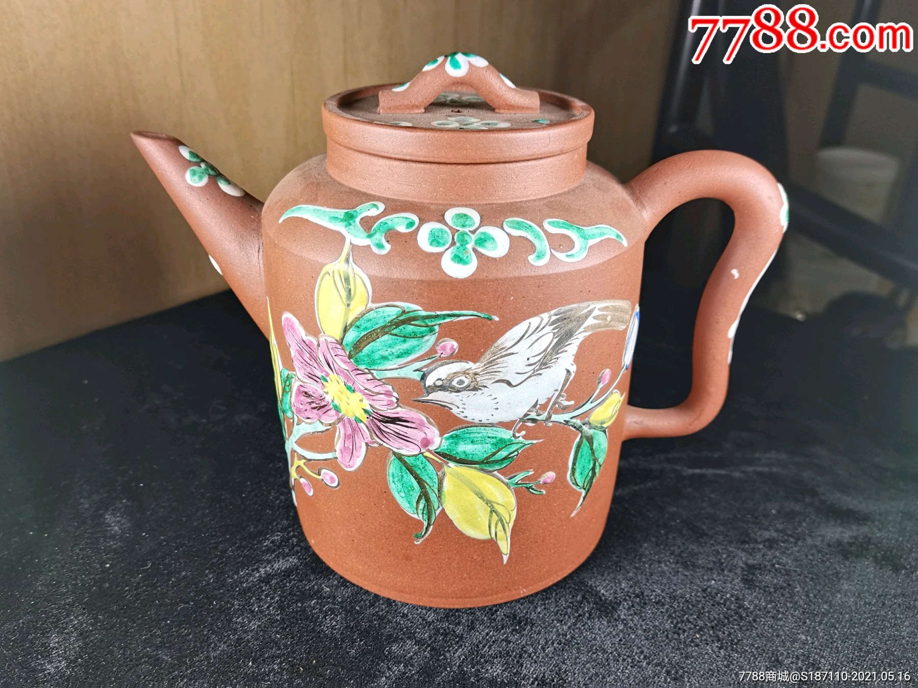 民国彩绘花鸟纹紫砂壶