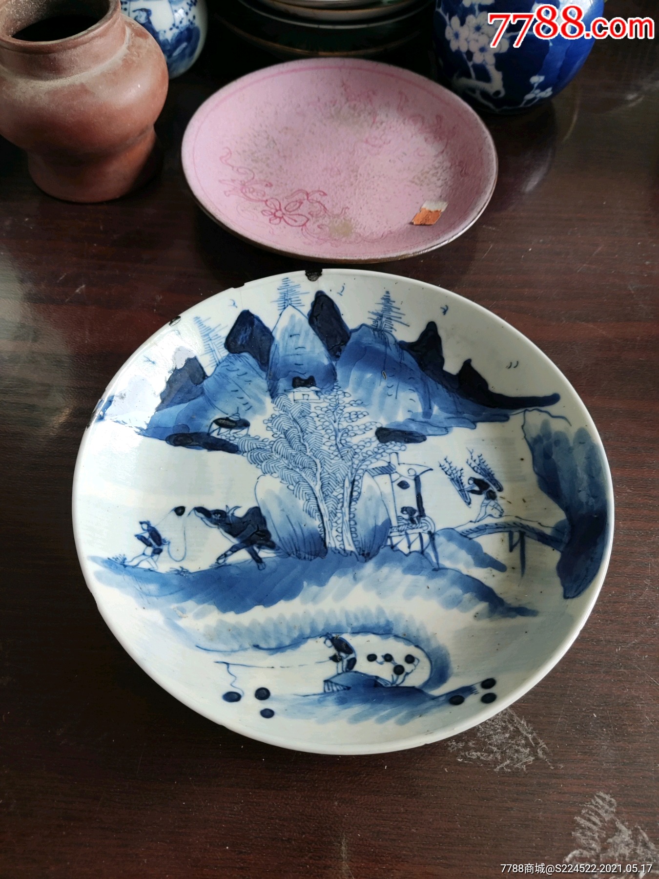 道光青花渔樵耕读盘