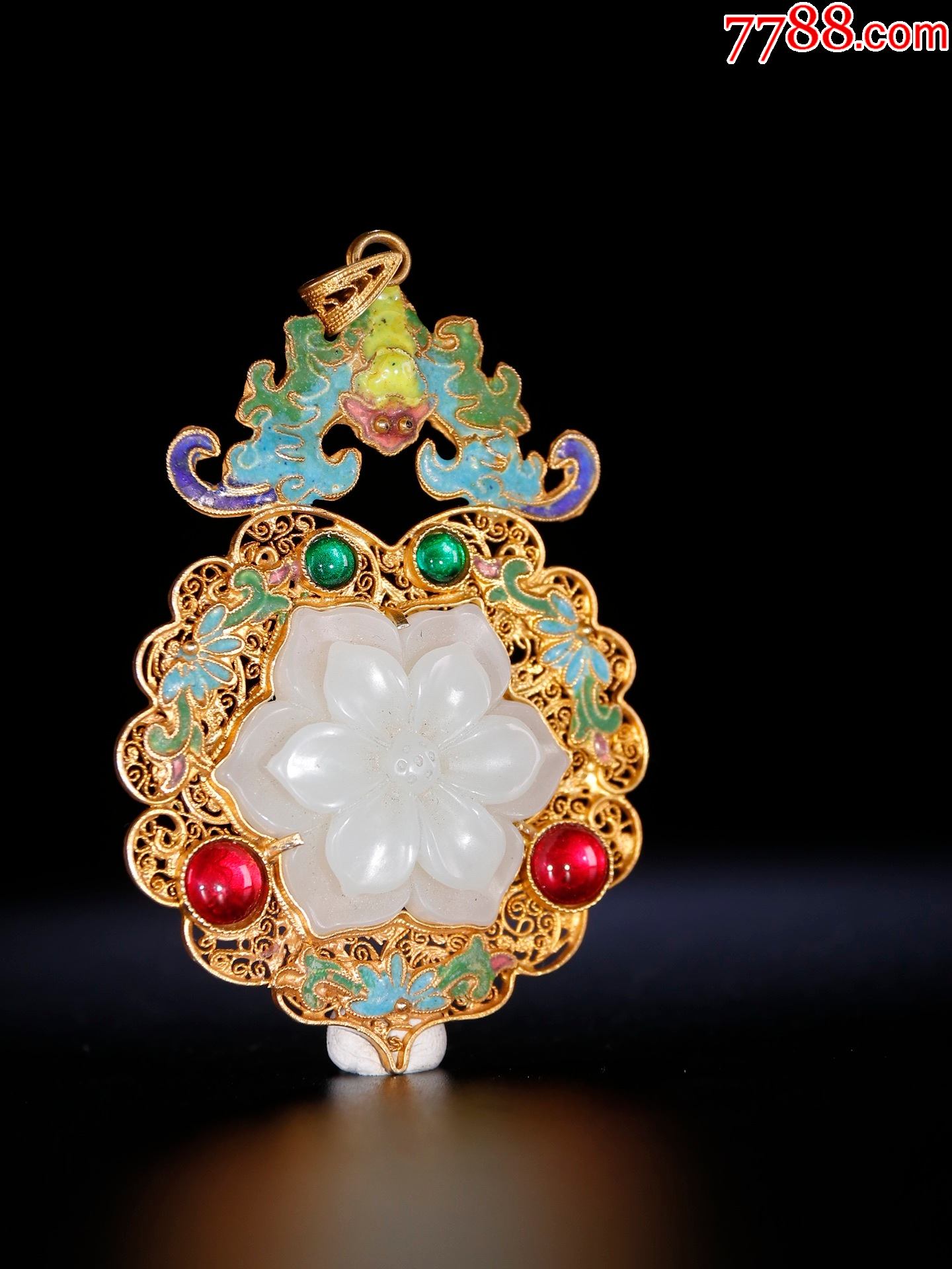 银制鎏金烧蓝镶百宝嵌和田玉花卉纹挂件_第1张_7788工艺品