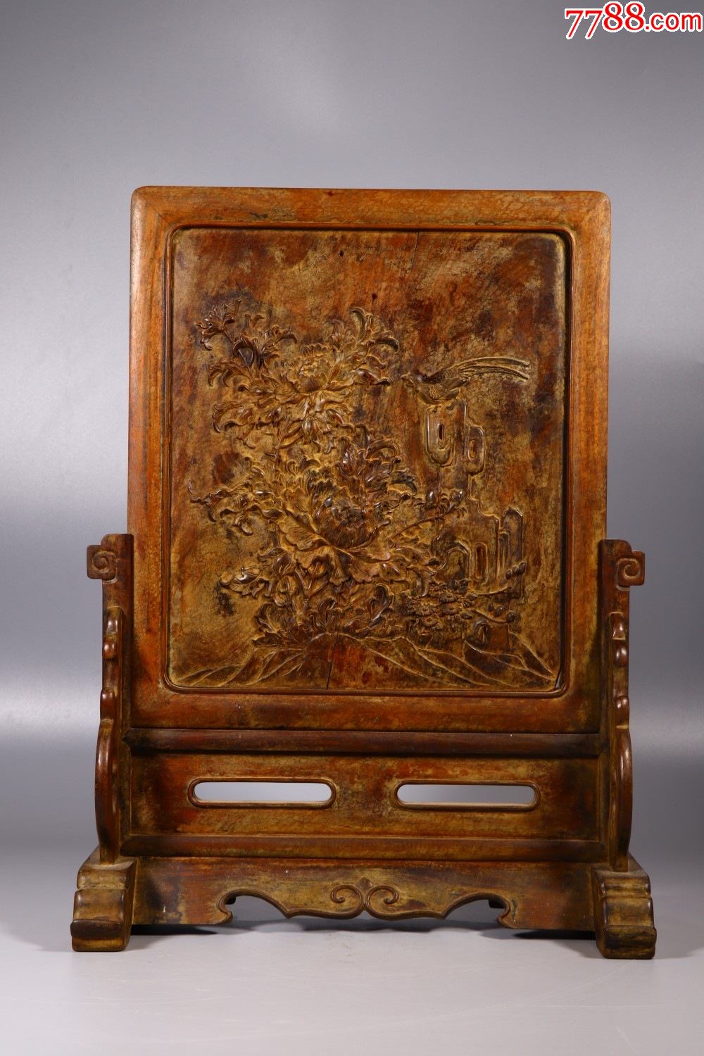 黄花梨花鸟纹描金万寿纹插屏