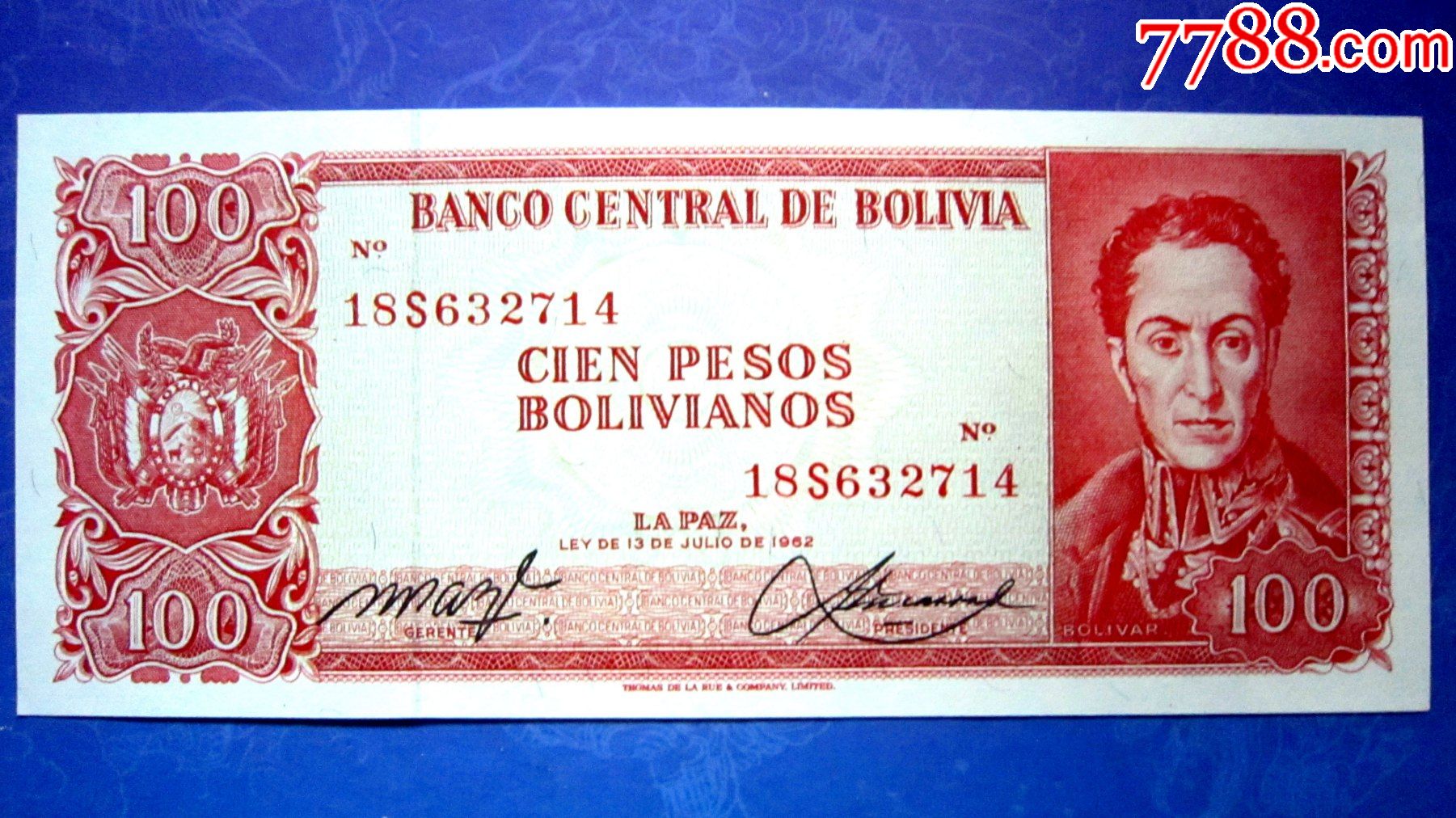 【包真精美外钞】玻利维亚1962年100比索【荧光金属线防伪】