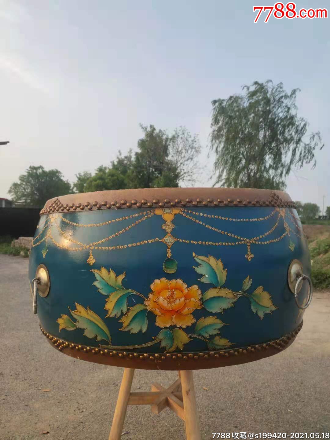 八十年代彩绘牛皮大鼓保存完整正常使用民俗展馆装修装饰佳品