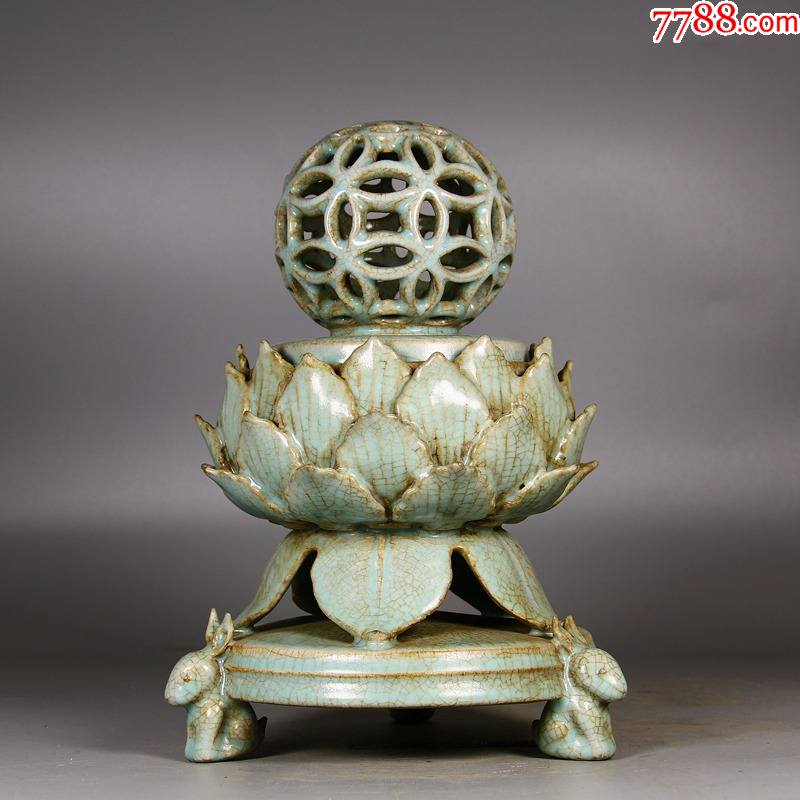 汝窑天青釉镂空莲花三足熏炉,25.5*18(工艺品)_青瓷/秘色瓷_中华老瓷斋【7788收藏__收藏热线】
