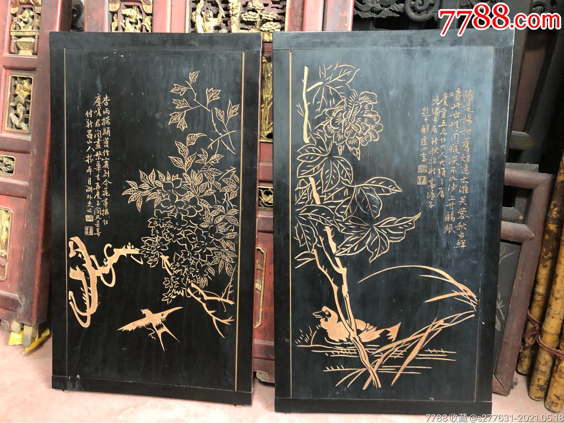 清代乌漆阴刻木雕花板名家写意