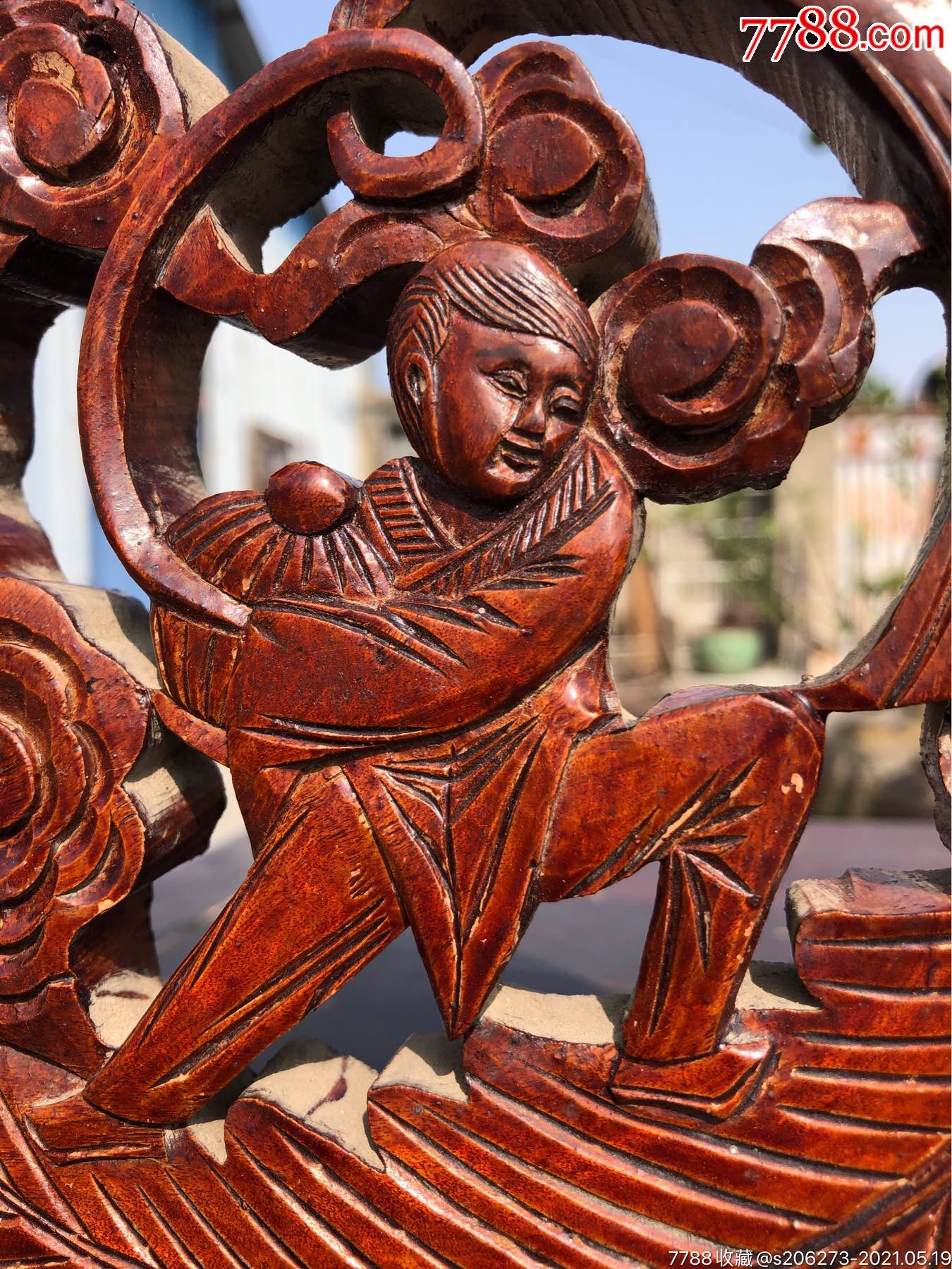 【民国】老木雕人物花板摆件一对